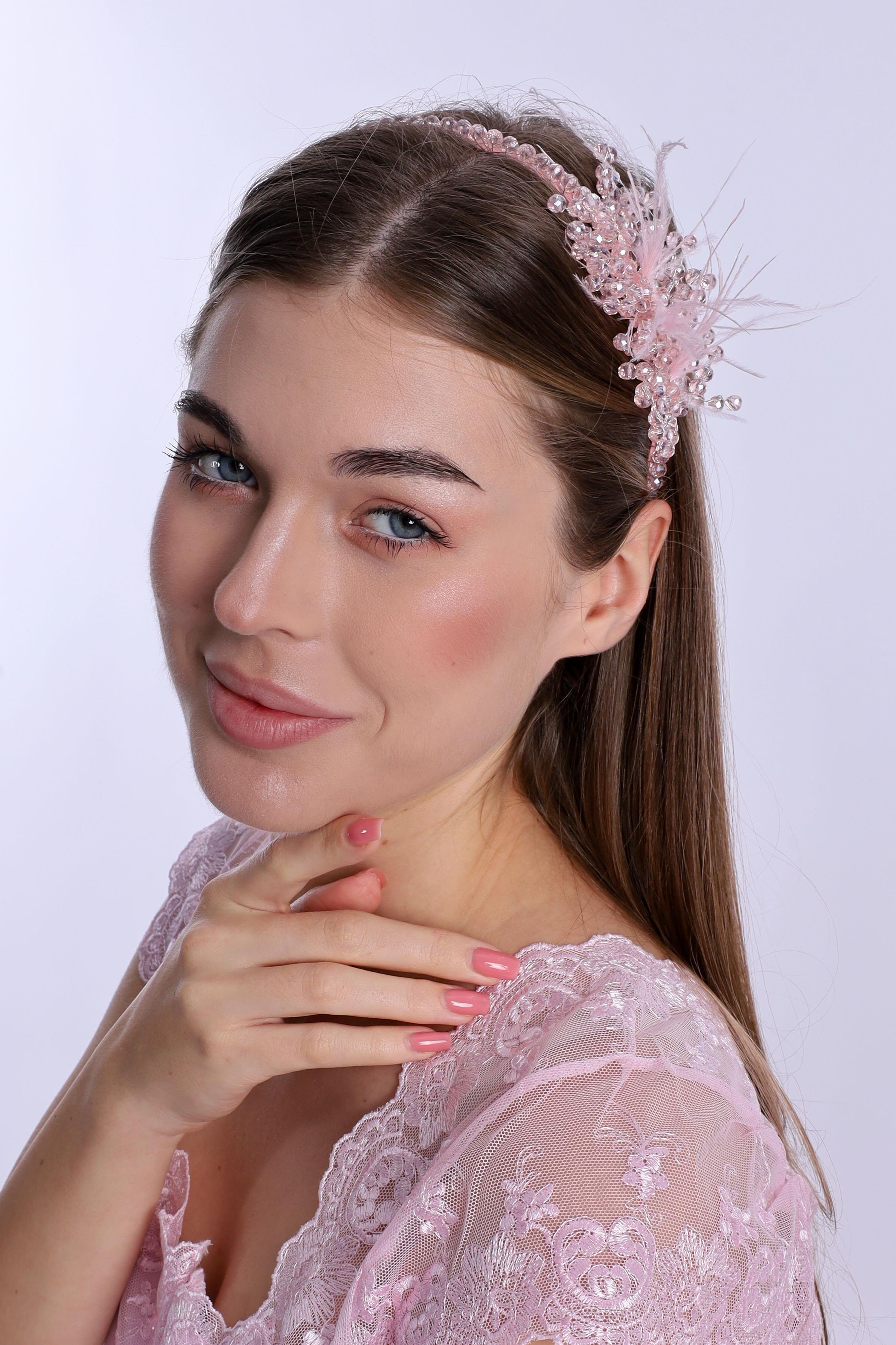 ByLohusa 1015 Pembe İnci Taşlı Lohusa Taç