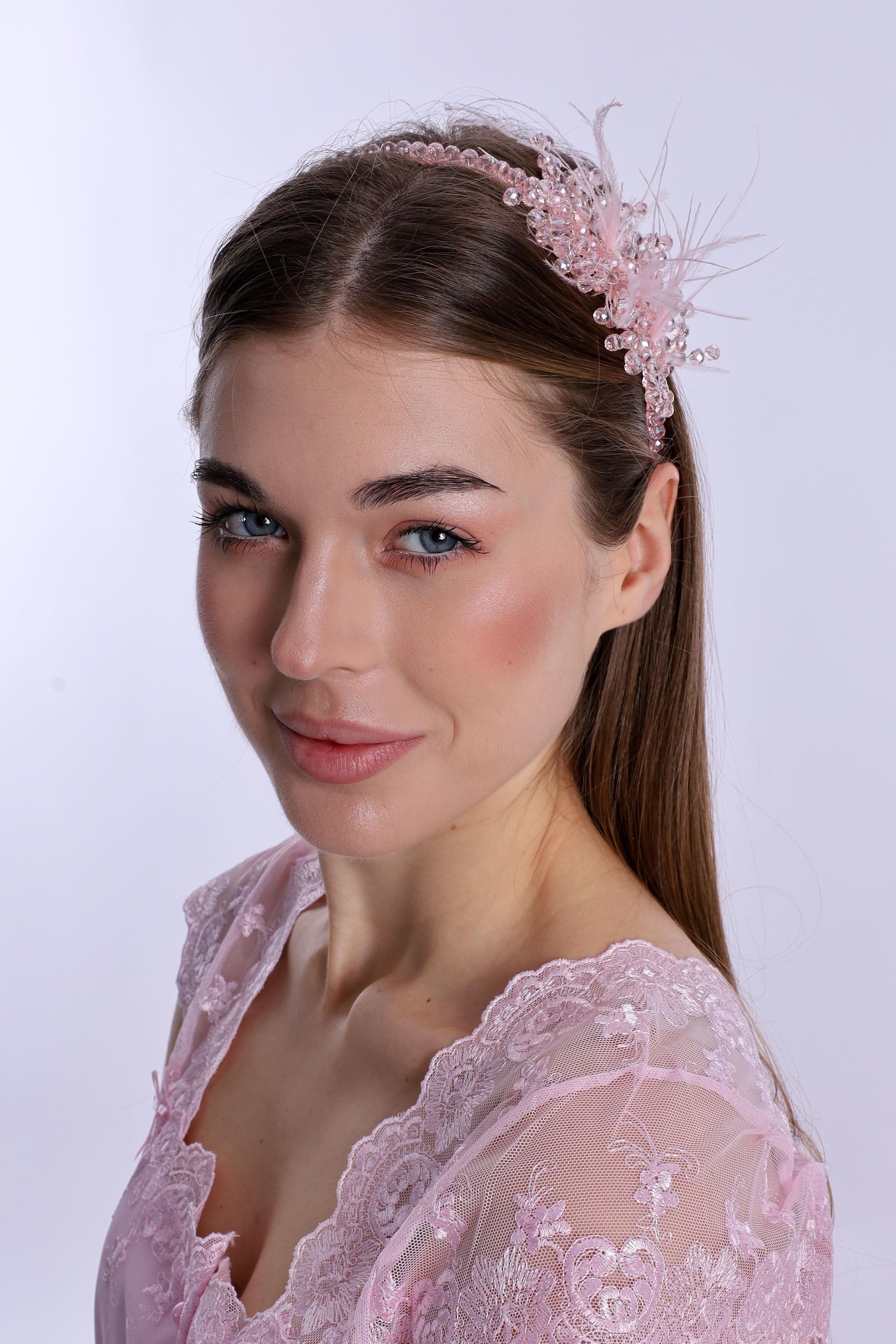 ByLohusa 1015 Pembe İnci Taşlı Lohusa Taç