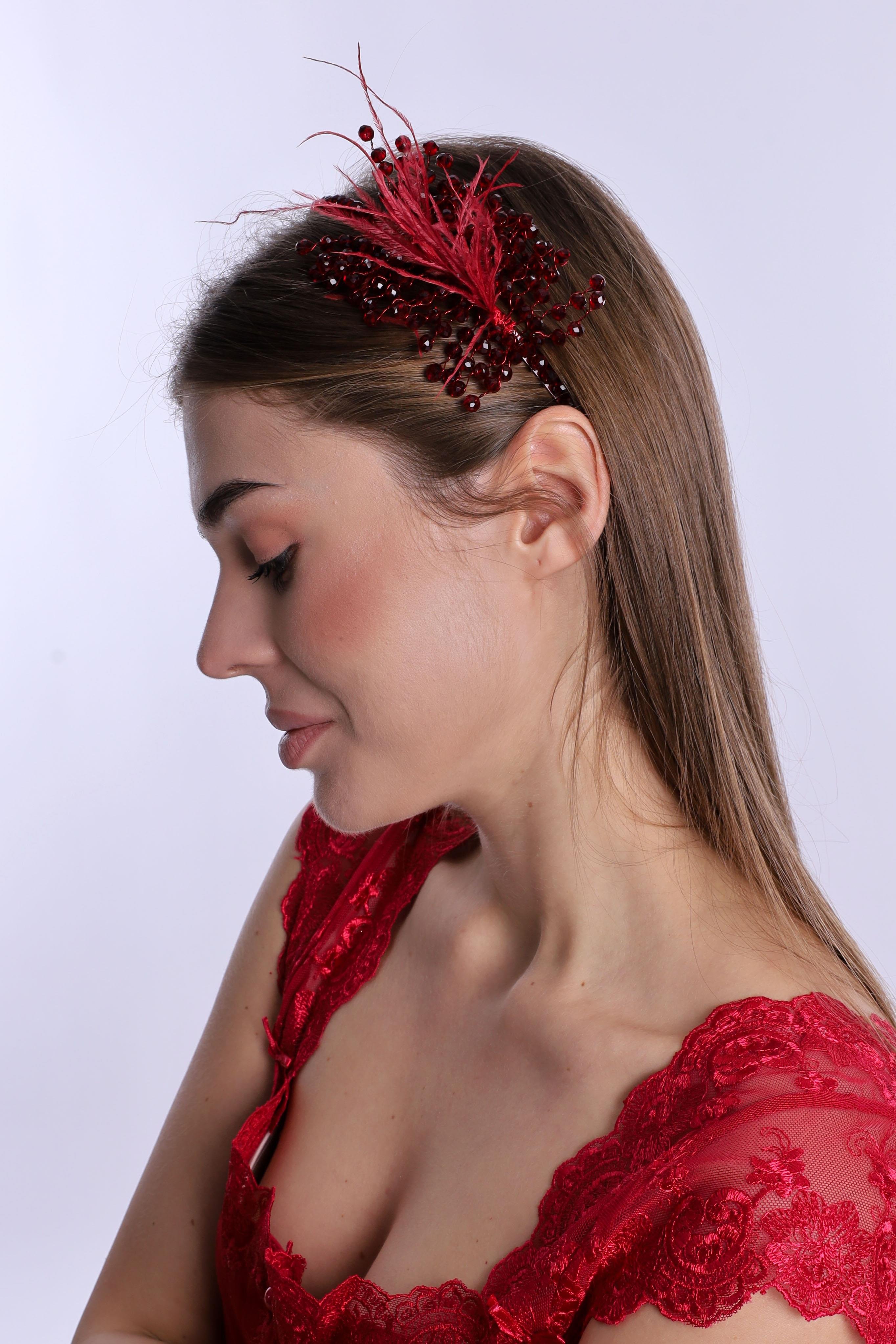 ByLohusa 1015 Vişne İnci Taşlı Lohusa Taç