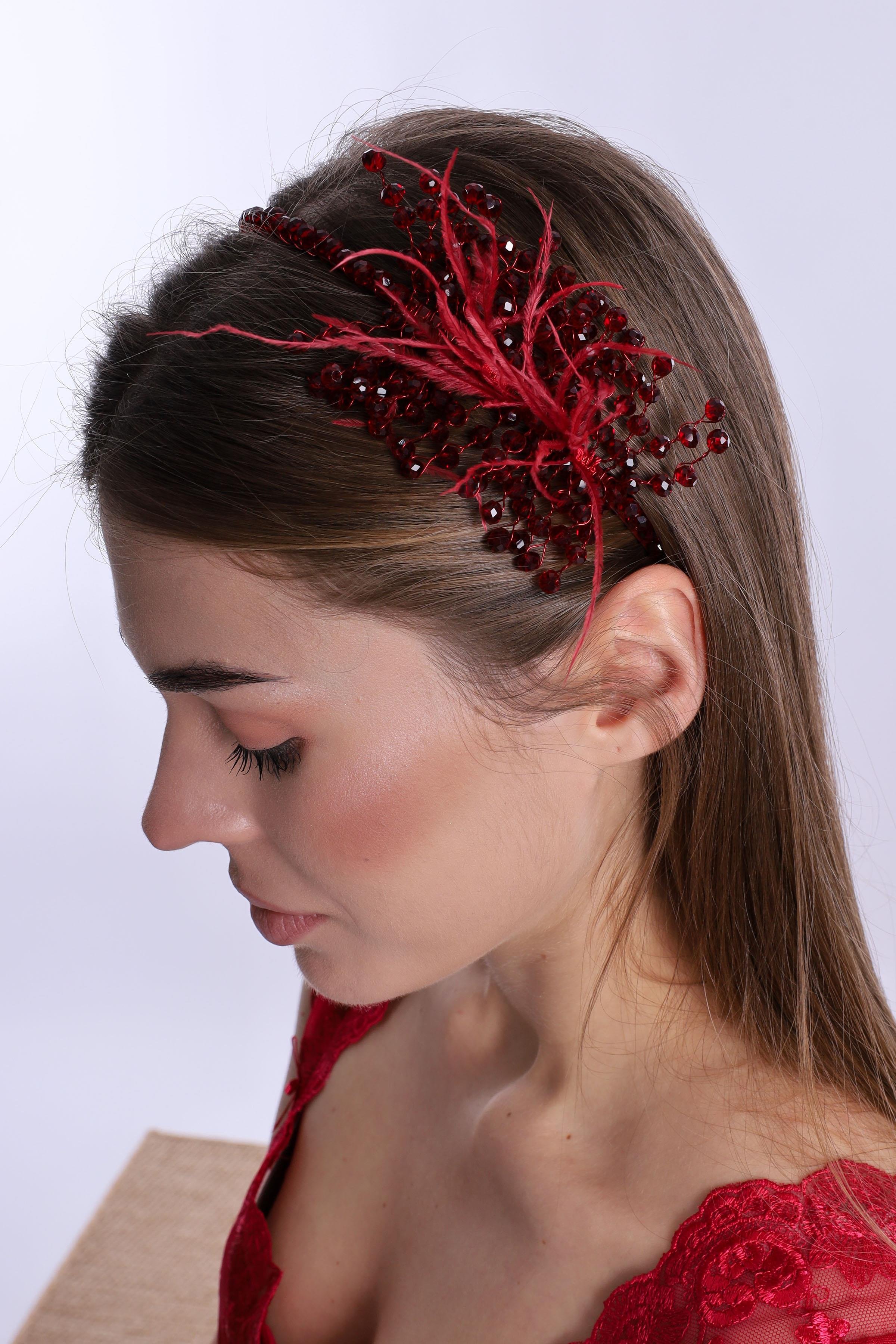 ByLohusa 1015 Vişne İnci Taşlı Lohusa Taç