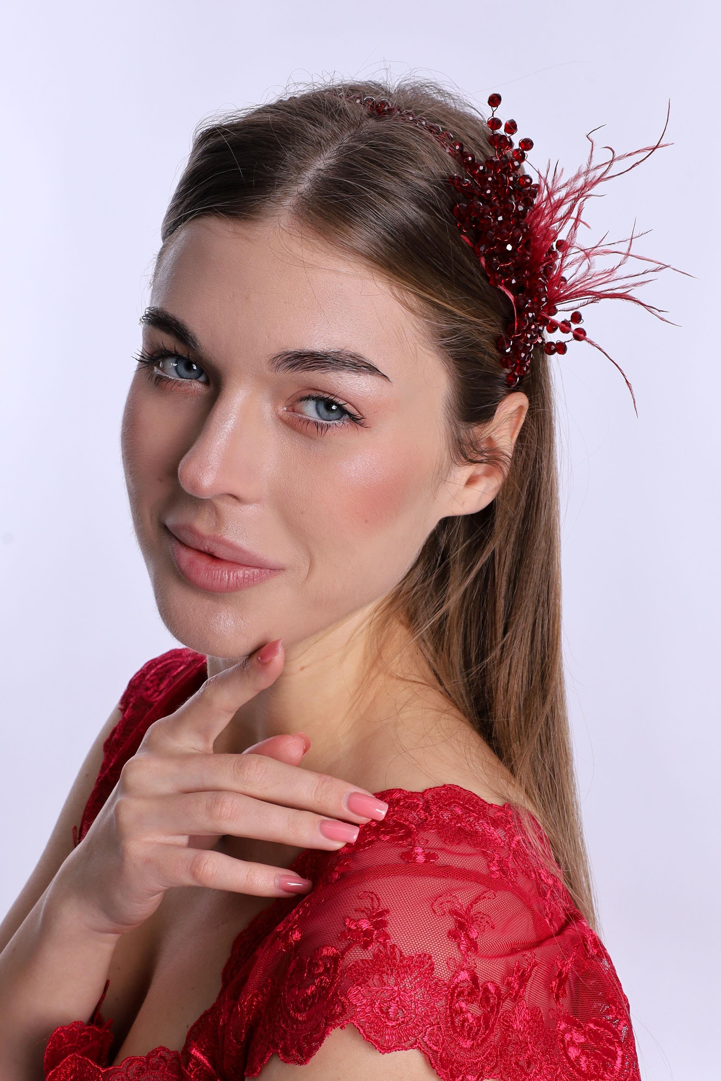 ByLohusa 1015 Vişne İnci Taşlı Lohusa Taç