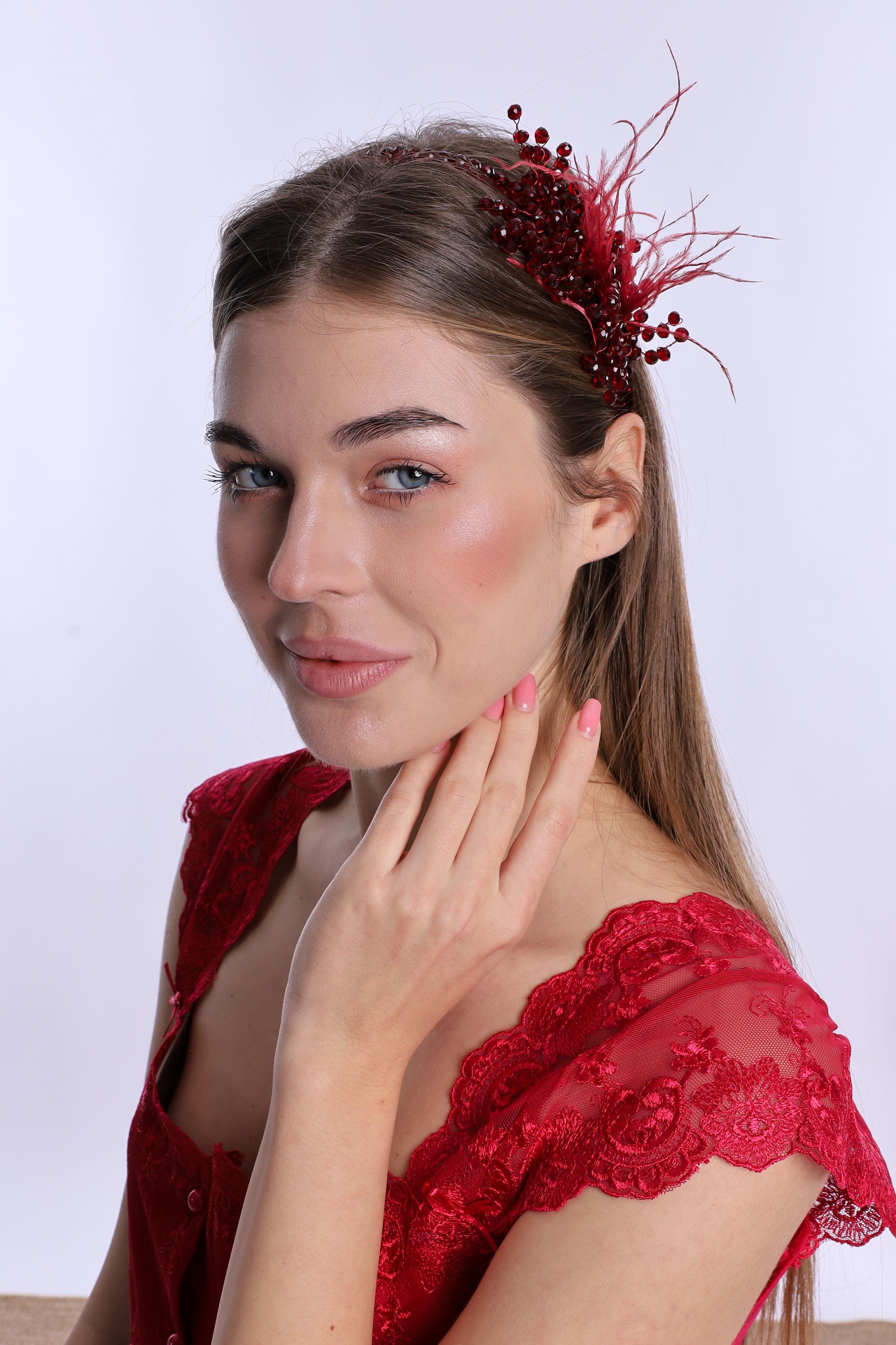 ByLohusa 1015 Vişne İnci Taşlı Lohusa Taç