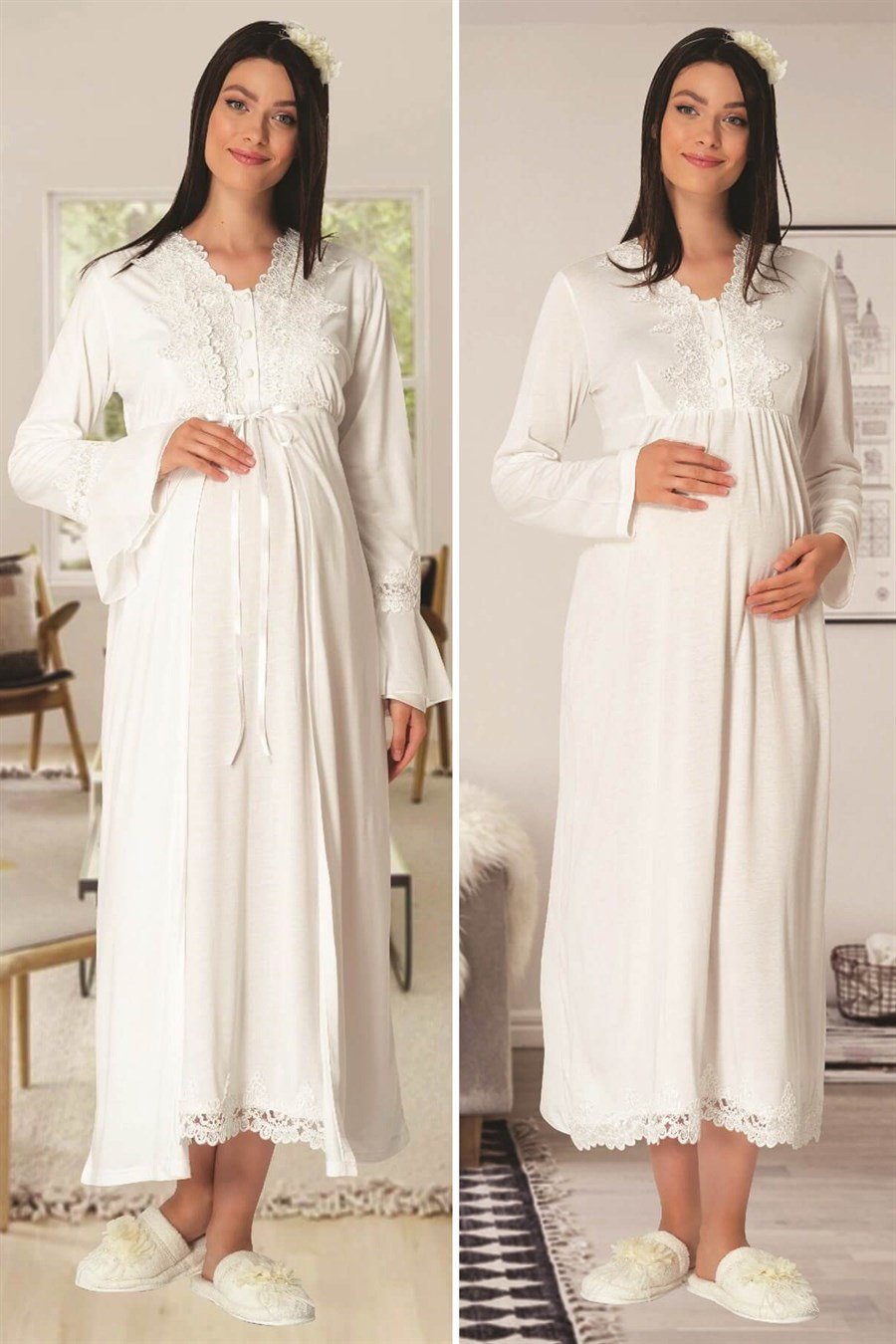 CarpeDiem 1518 Ekru Sabahlıklı Lohusa Gecelik Takımı