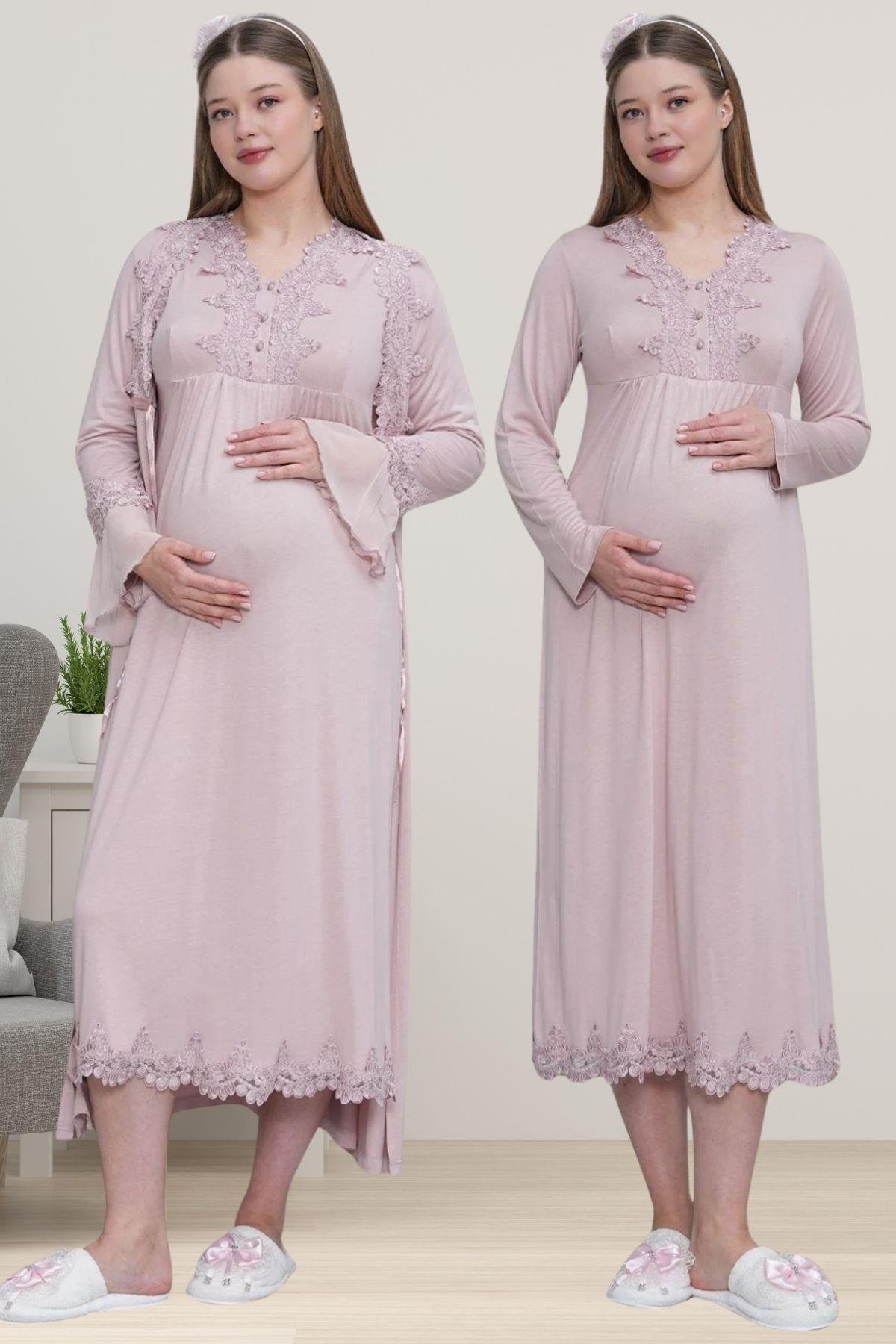 CarpeDiem 1518 Gül Kurusu Sabahlıklı Lohusa Gecelik Takımı