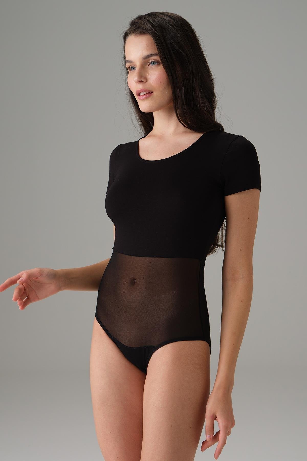 Doreanse 12423 Kadın Tül Detaylı Kısa Kol Siyah Bodysuit