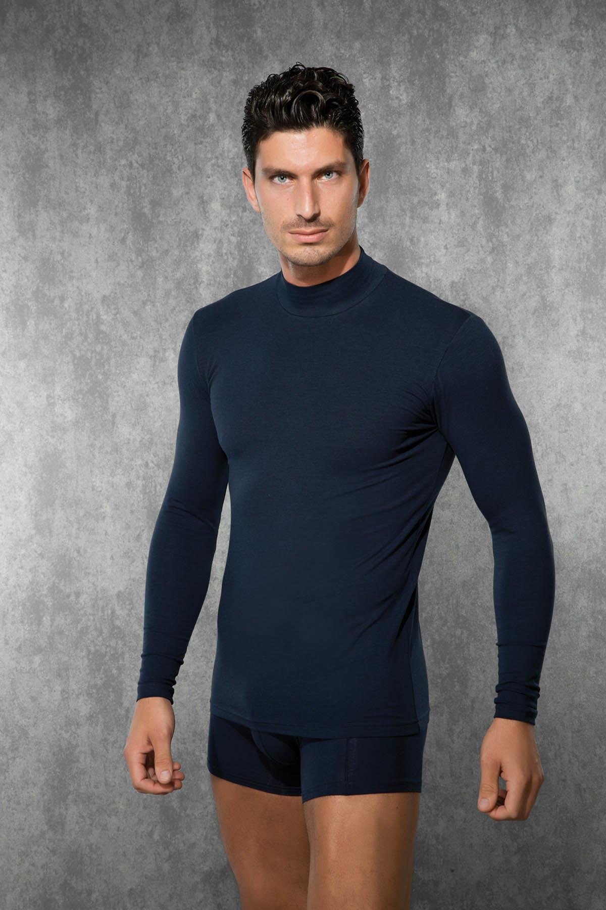 Doreanse 2930 Lacivert Erkek Modal Boğazlı Yaka Uzun Kol Tişört