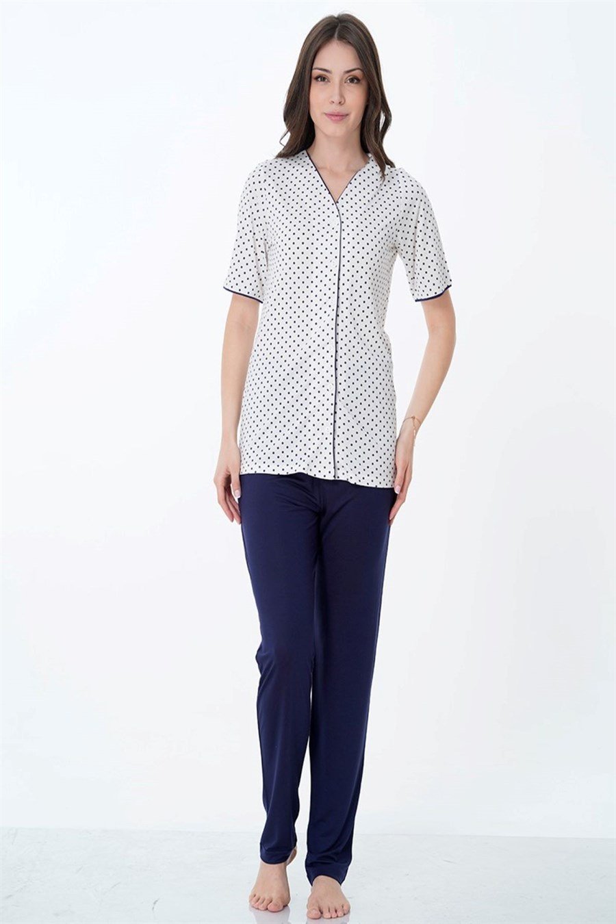 Effortt 1042 Lacivert Önden Düğmeli Kısa Kol Hamile Lohusa Pijama Takımı