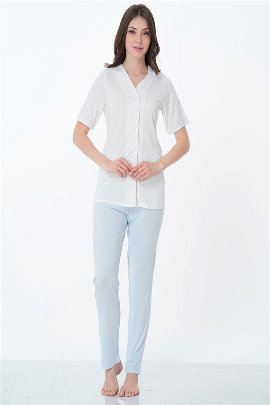 Effortt 1042 Mavi Önden Düğmeli Kısa Kol Hamile Lohusa Pijama Takımı
