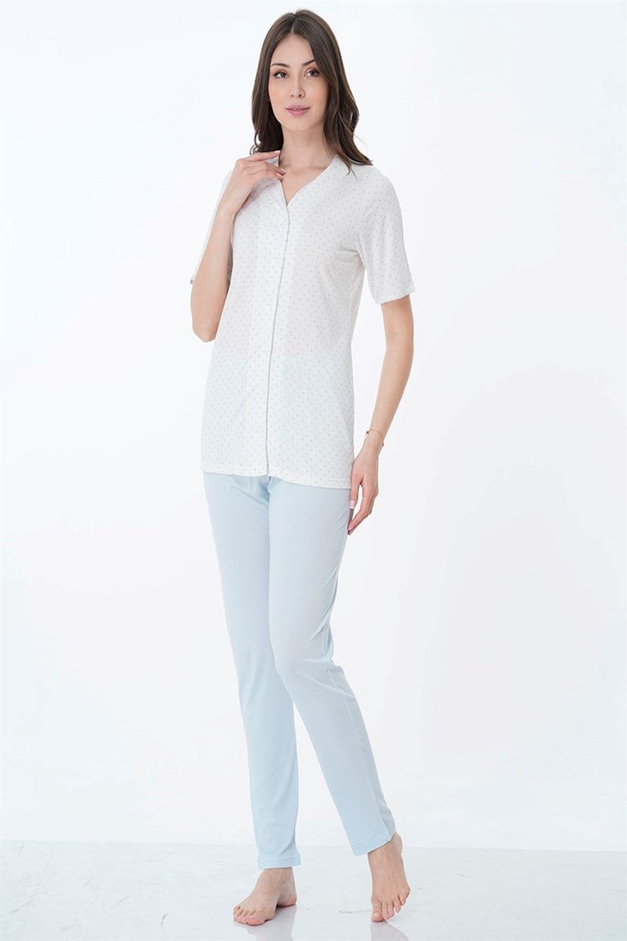 Effortt 1042 Mavi Önden Düğmeli Kısa Kol Hamile Lohusa Pijama Takımı