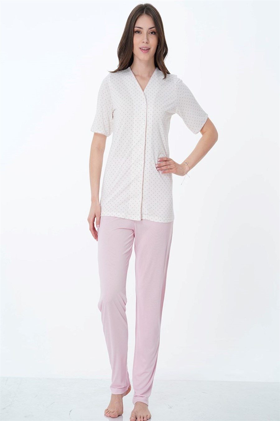 Effortt 1042 Pembe Önden Düğmeli Kısa Kol Hamile Lohusa Pijama Takımı
