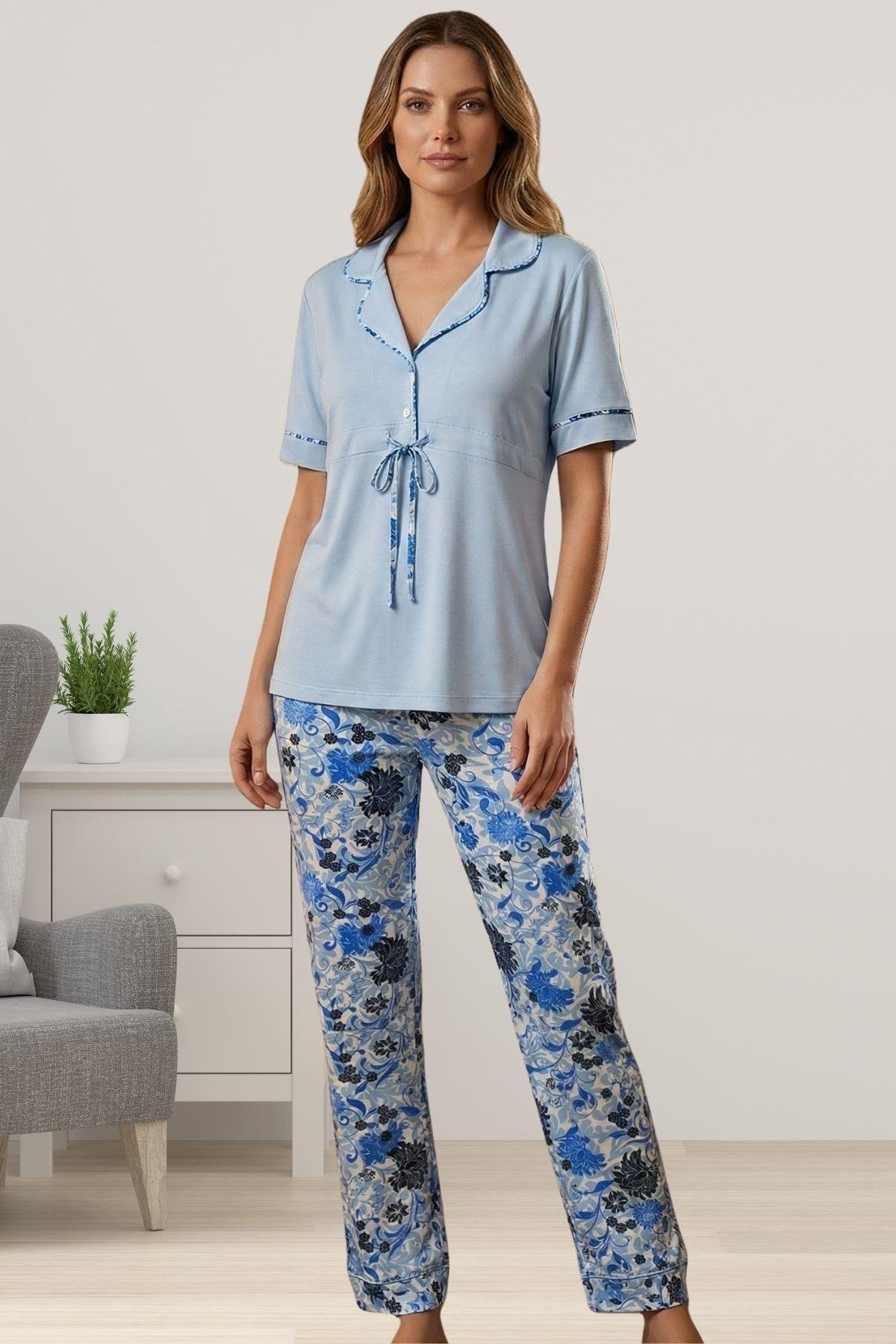 Effortt 2064 Mavi Gömlek Yaka Kadın Pijama Takımı