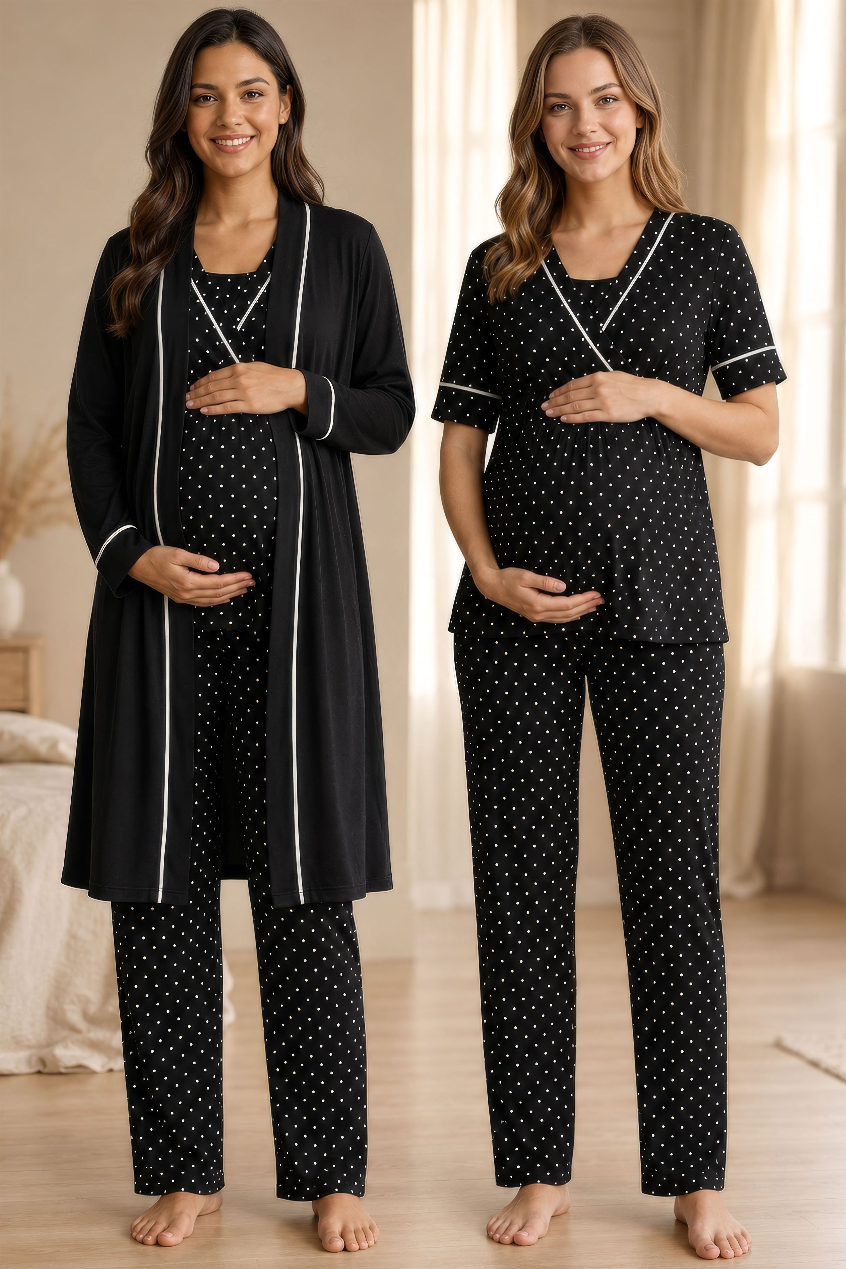 Effortt 2084 Siyah Puantiyeli Emzirme Özellikli Sabahlıklı Hamile Lohusa Pijama Takımı