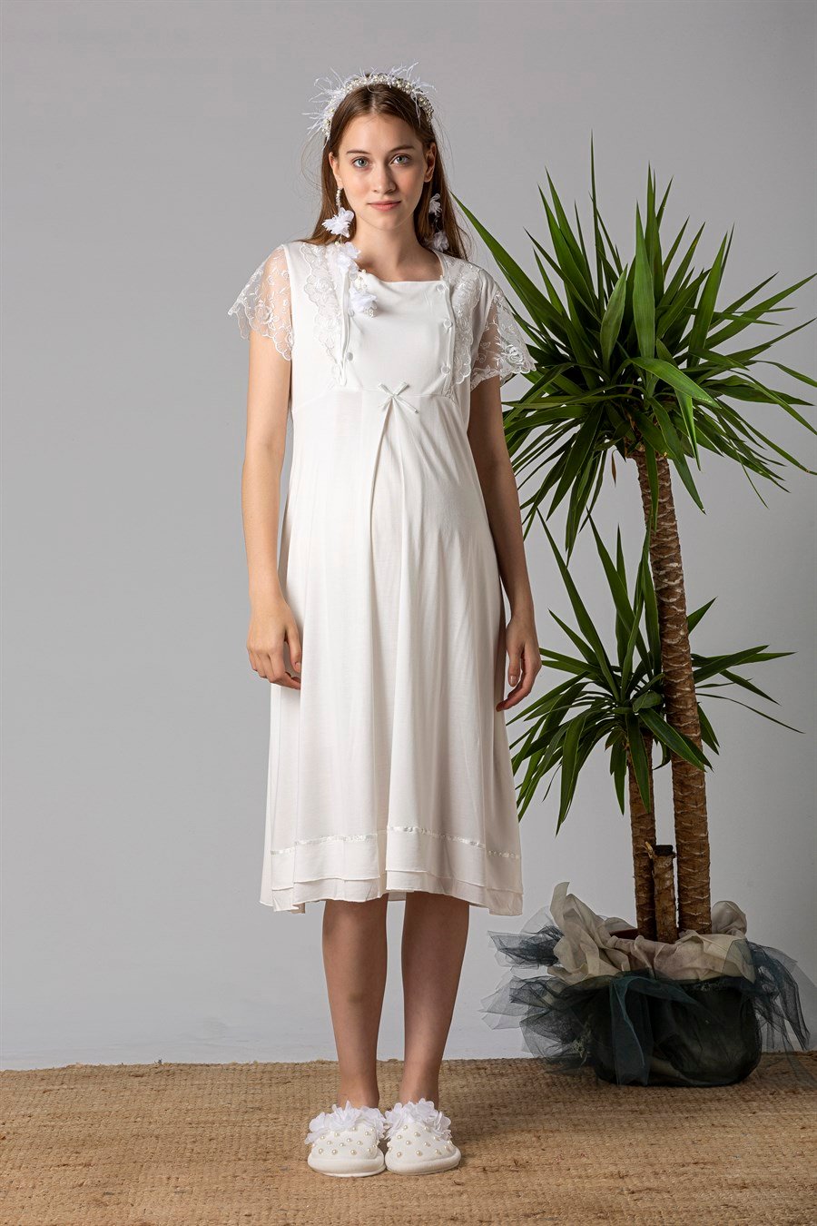 Effortt 22052 Ekru Dantelli Hamile Lohusa Gecelik