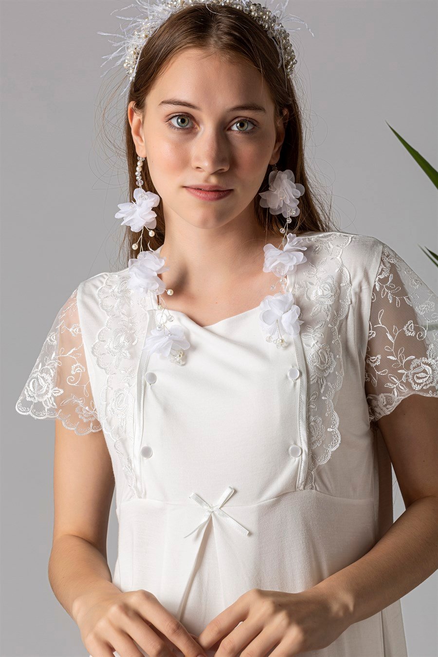 Effortt 22052 Ekru Dantelli Hamile Lohusa Gecelik