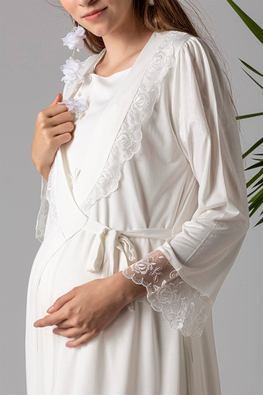 Effortt 22055 Ekru Sabahlıklı Lohusa Gecelik Takım