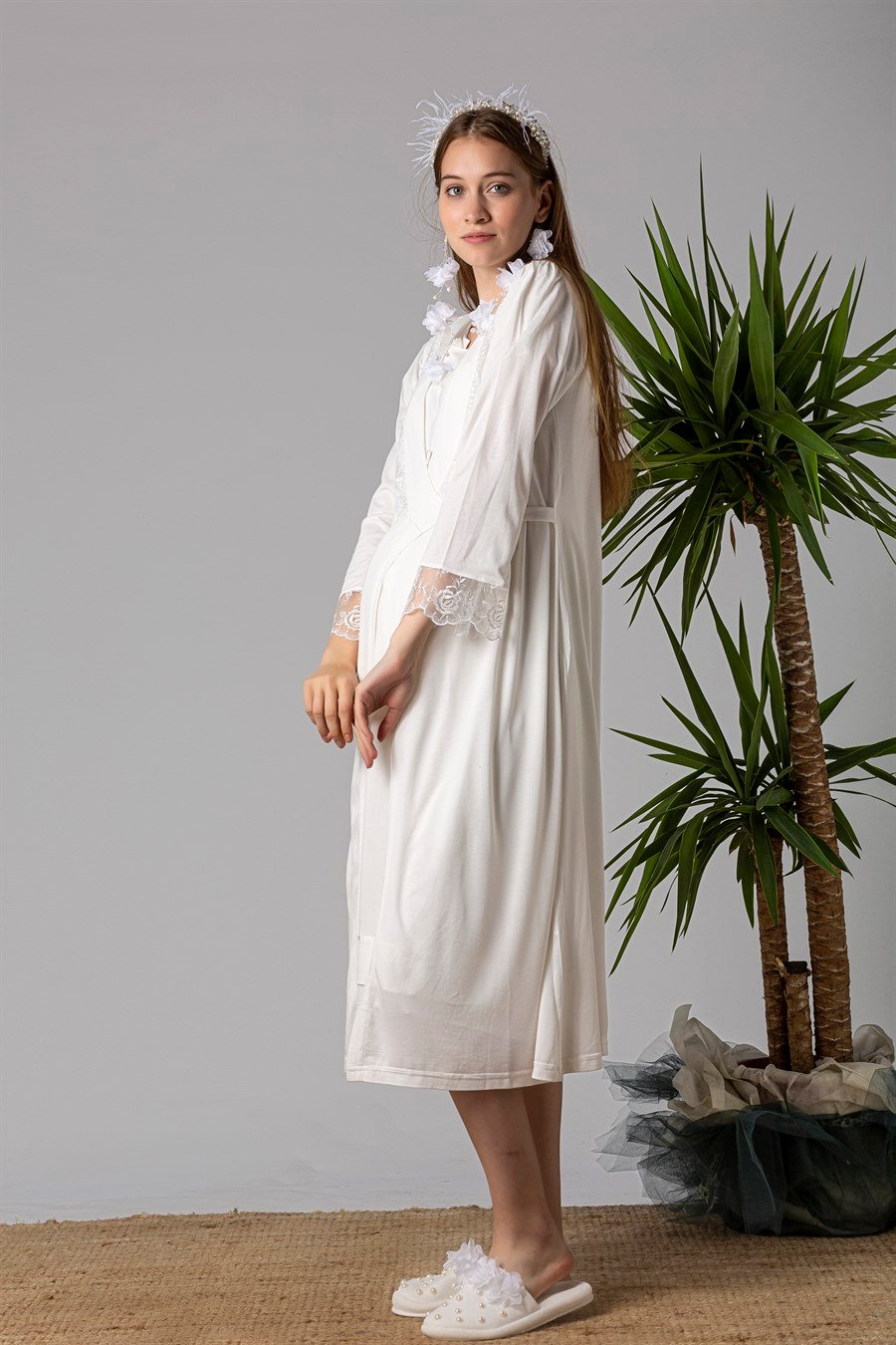 Effortt 22055 Ekru Sabahlıklı Lohusa Gecelik Takım