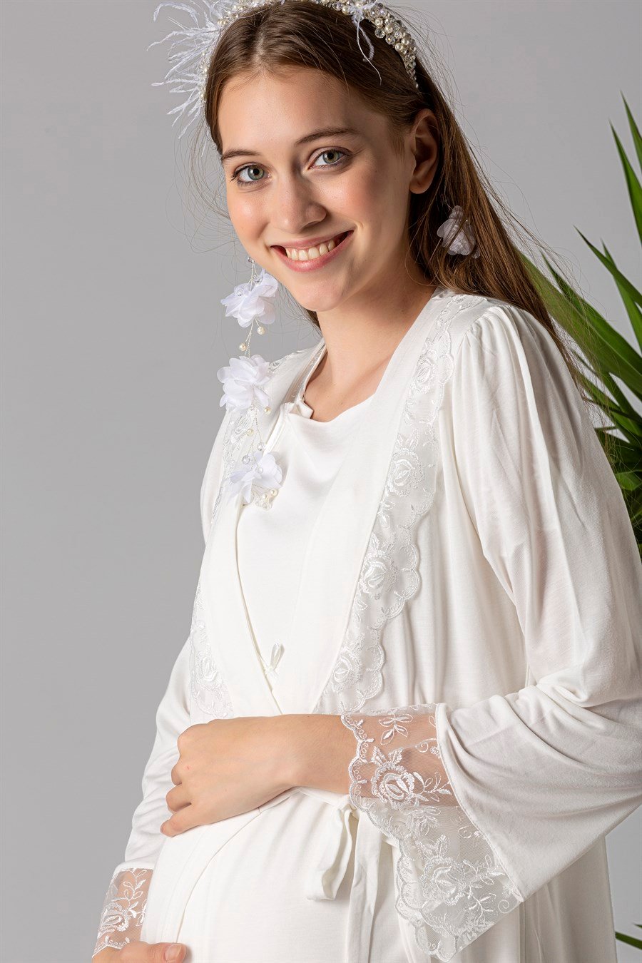 Effortt 22055 Ekru Sabahlıklı Lohusa Gecelik Takım