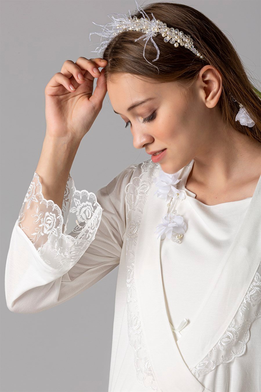 Effortt 22055 Ekru Sabahlıklı Lohusa Gecelik Takım