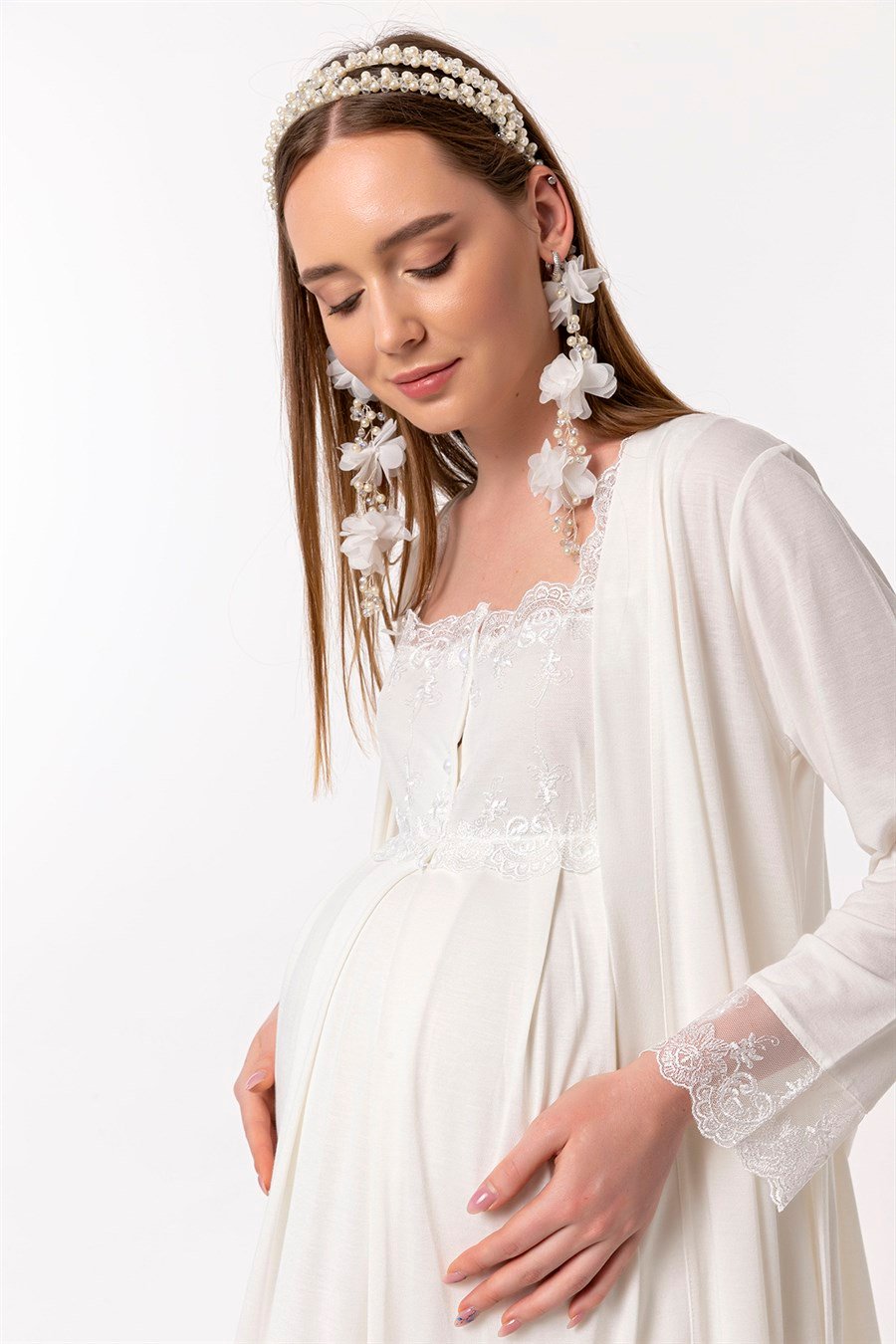 Effortt 22302 Ekru Sabahlıklı Hamile Lohusa Gecelik Takım