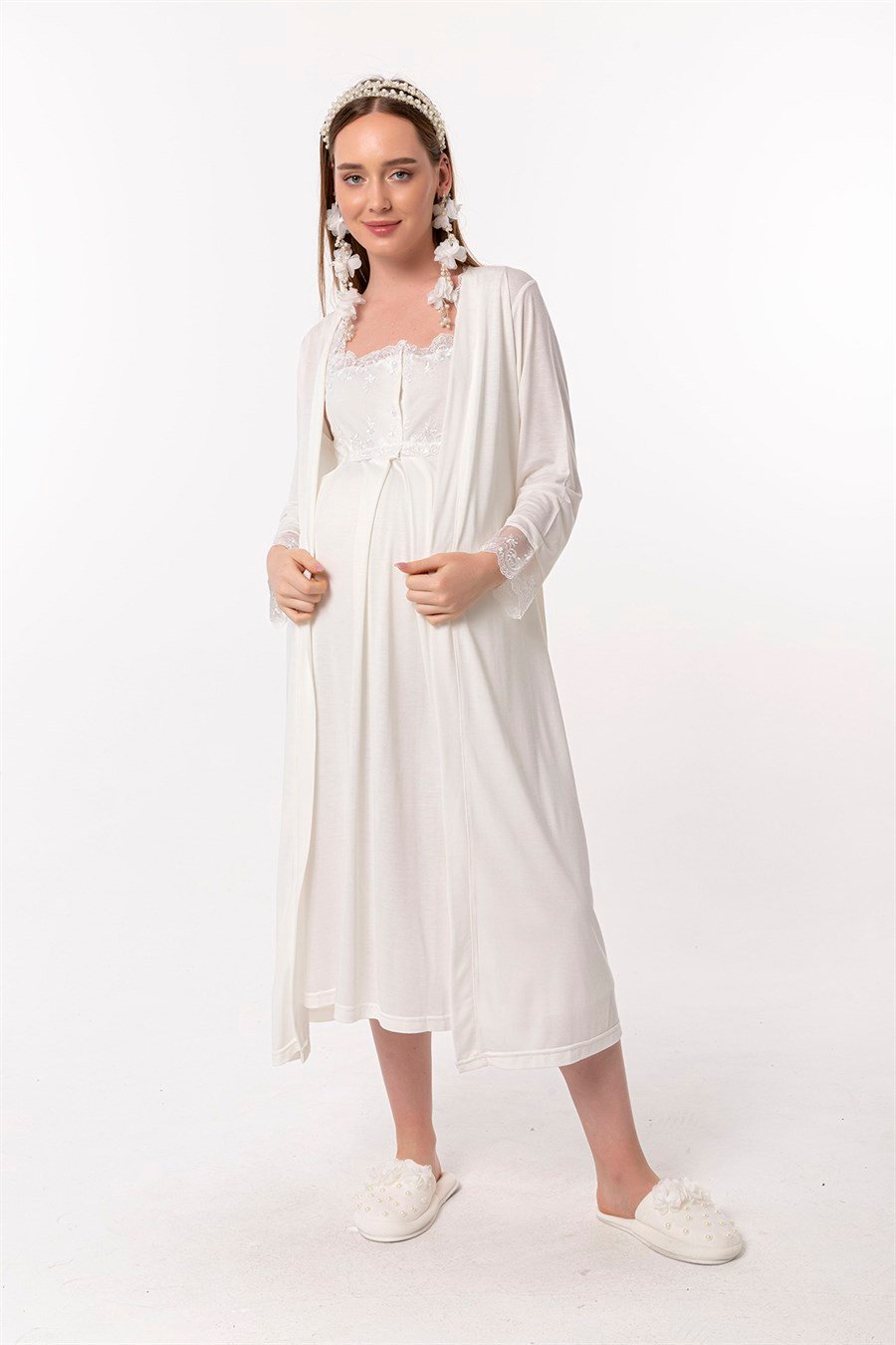 Effortt 22302 Ekru Sabahlıklı Hamile Lohusa Gecelik Takım