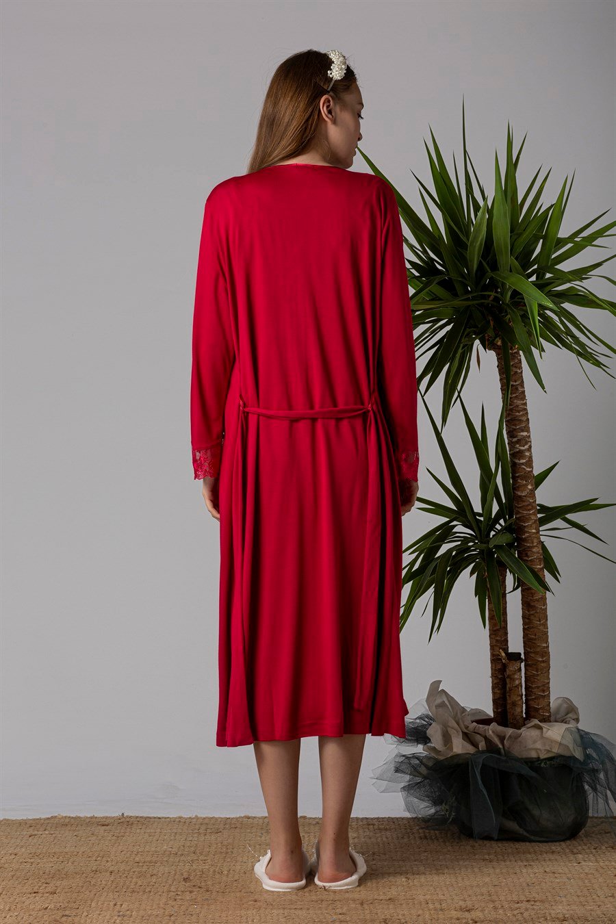 Effortt 22302 Vişne Sabahlıklı Hamile Lohusa Gecelik Takım