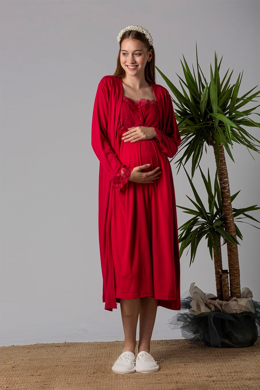 Effortt 22302 Vişne Sabahlıklı Hamile Lohusa Gecelik Takım