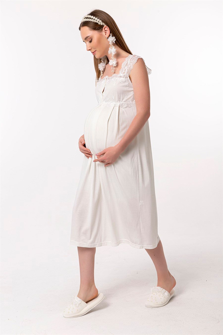 Effortt 22304 Ekru Dantelli Hamile Lohusa Gecelik