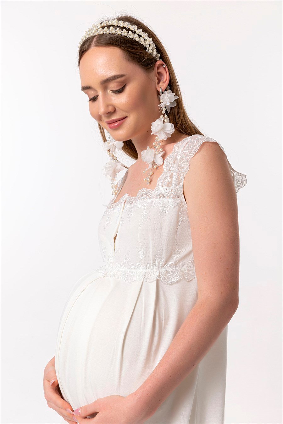 Effortt 22304 Ekru Dantelli Hamile Lohusa Gecelik