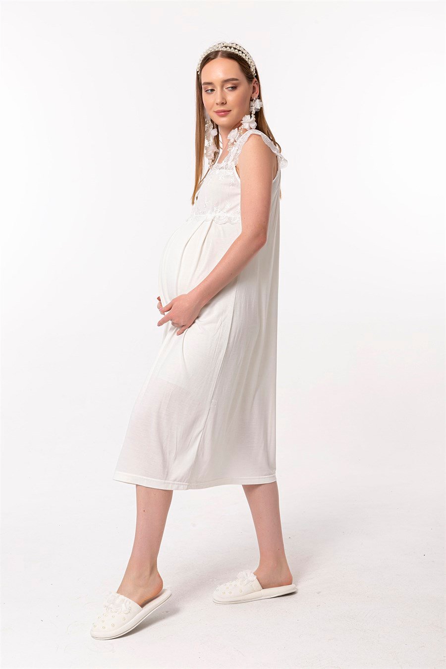 Effortt 22304 Ekru Dantelli Hamile Lohusa Gecelik