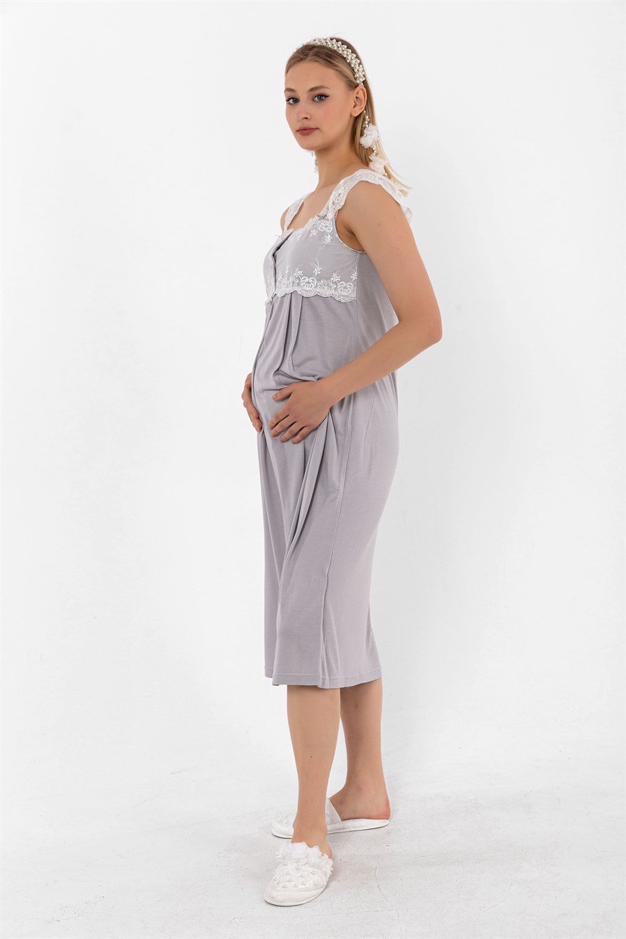 Effortt 22304 Gri Dantelli Hamile Lohusa Gecelik