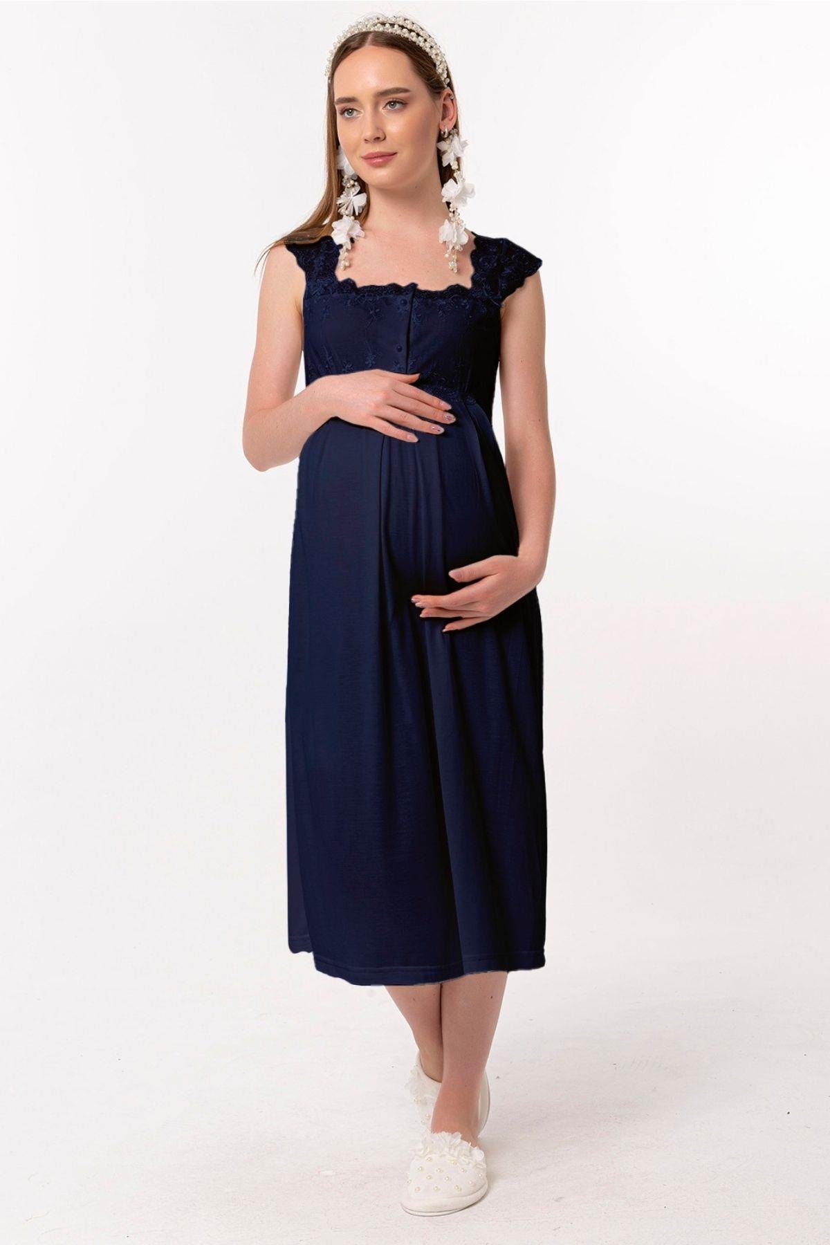 Effortt 22304 Lacivert Dantelli Hamile Lohusa Gecelik