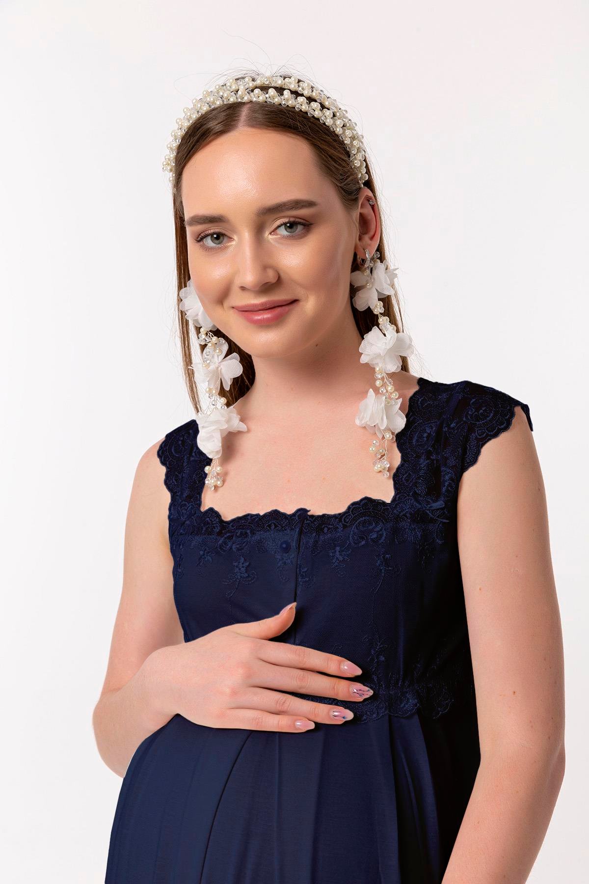 Effortt 22304 Lacivert Dantelli Hamile Lohusa Gecelik