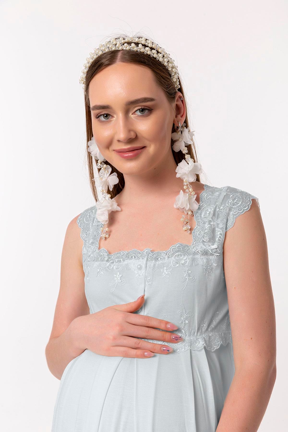 Effortt 22304 Mavi Dantelli Hamile Lohusa Gecelik