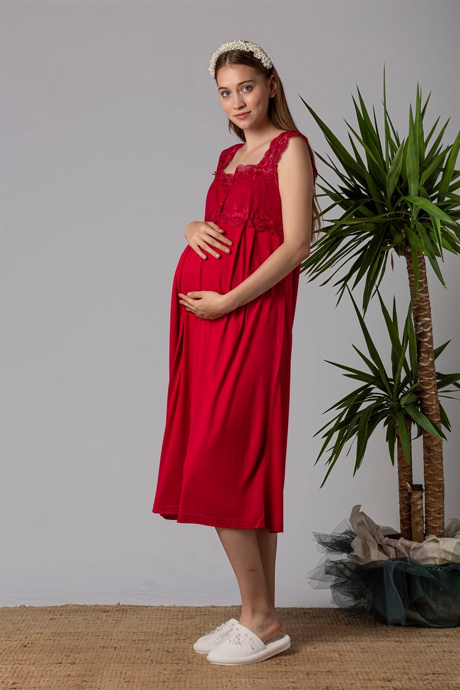 Effortt 22304 Vişne Dantelli Hamile Lohusa Gecelik