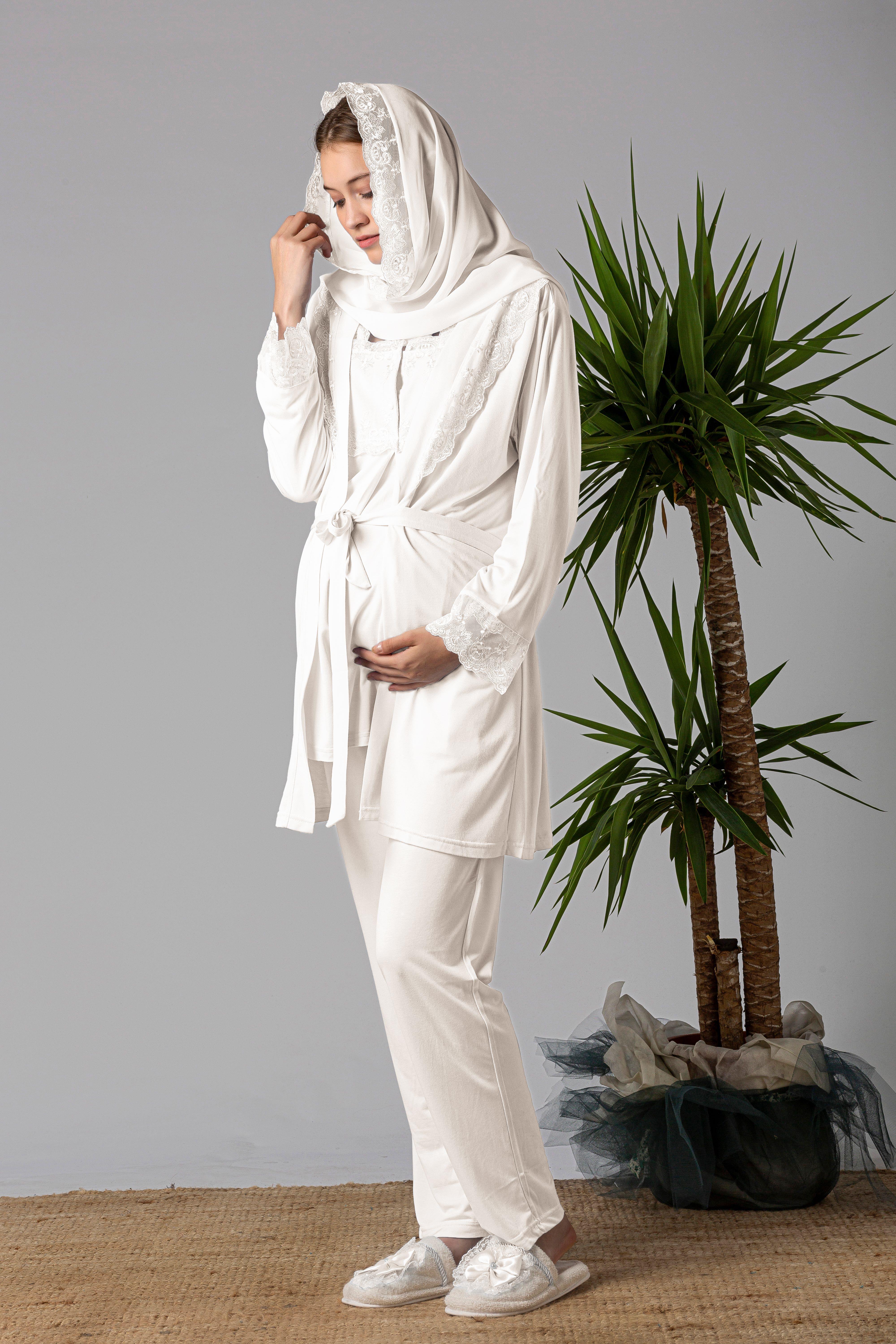 Effortt 22401 Ekru Tesettürlü Sabahlıklı Hamile Lohusa Pijama Takımı