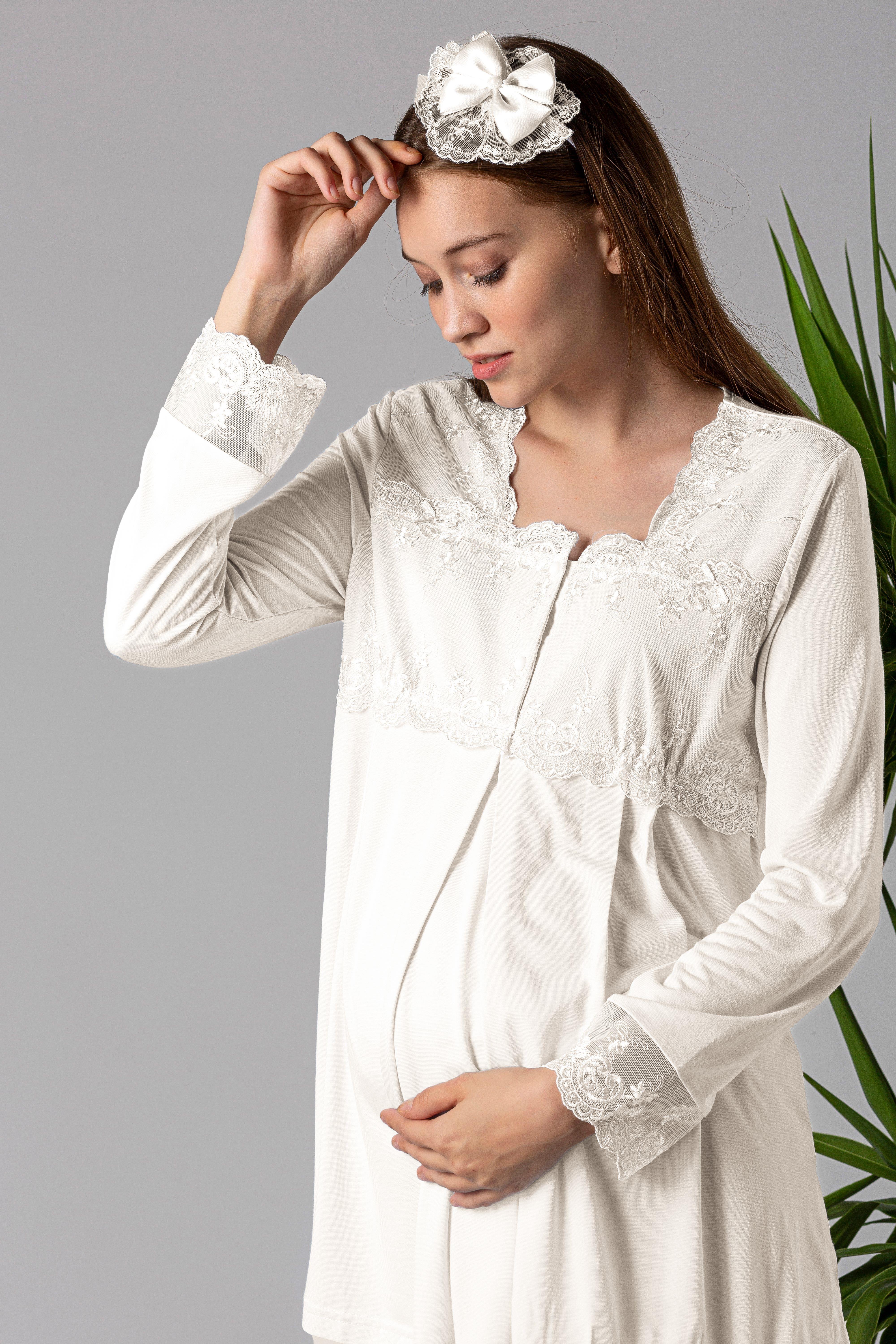 Effortt 22401 Ekru Tesettürlü Sabahlıklı Hamile Lohusa Pijama Takımı