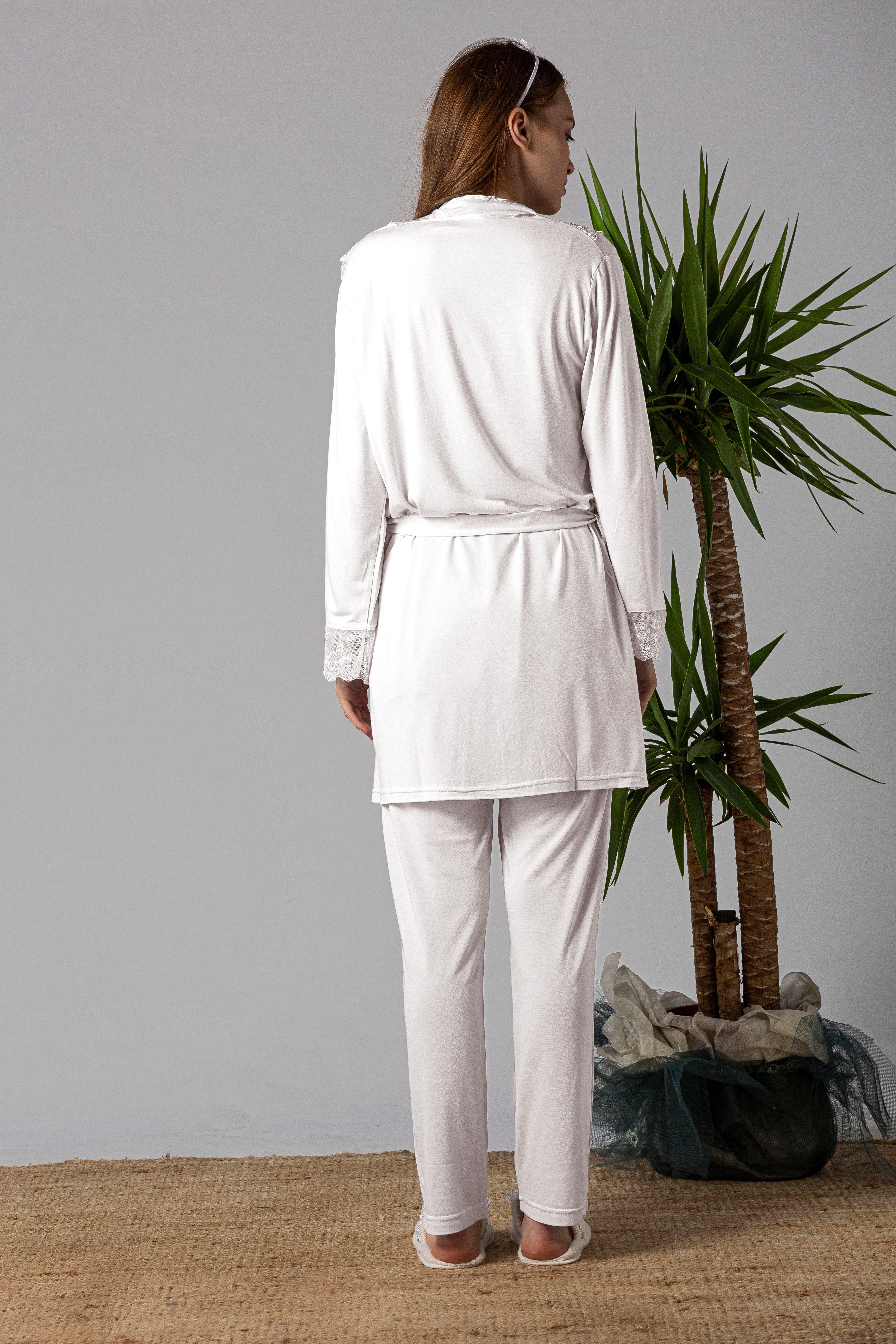 Effortt 22401 Ekru Tesettürlü Sabahlıklı Hamile Lohusa Pijama Takımı