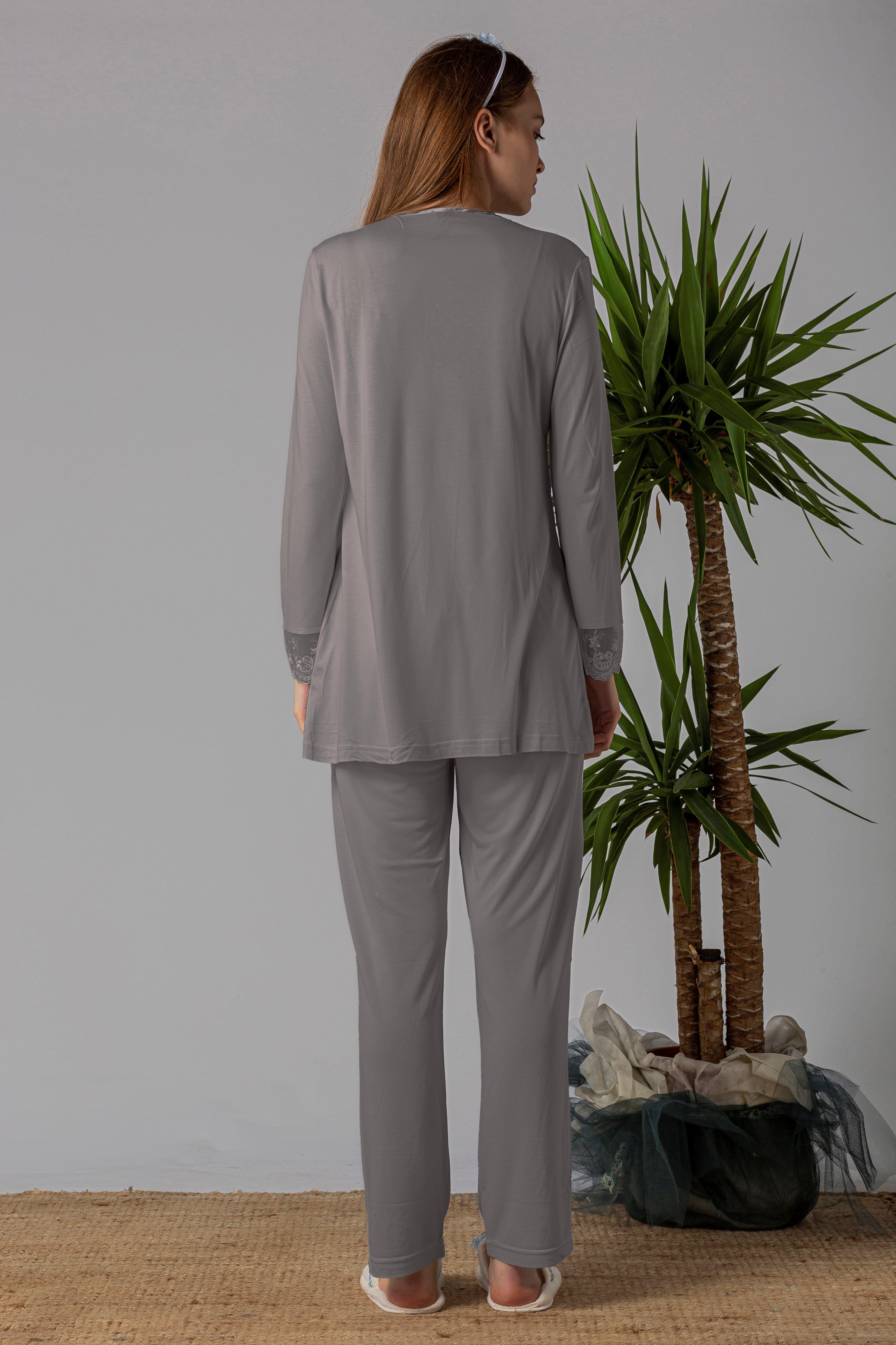 Effortt 22401 Füme Tesettürlü Sabahlıklı Hamile Lohusa Pijama Takımı