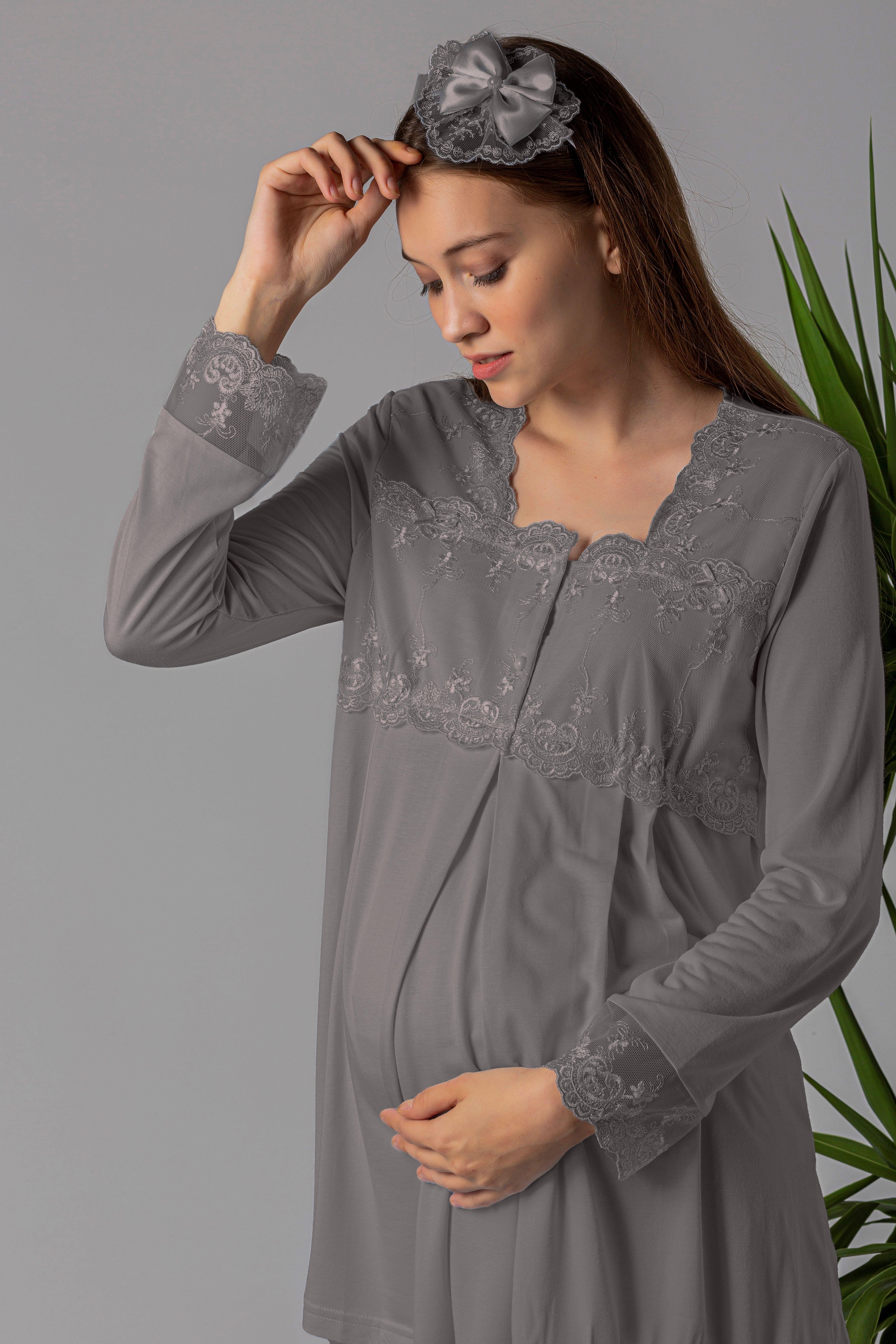 Effortt 22401 Füme Tesettürlü Sabahlıklı Hamile Lohusa Pijama Takımı