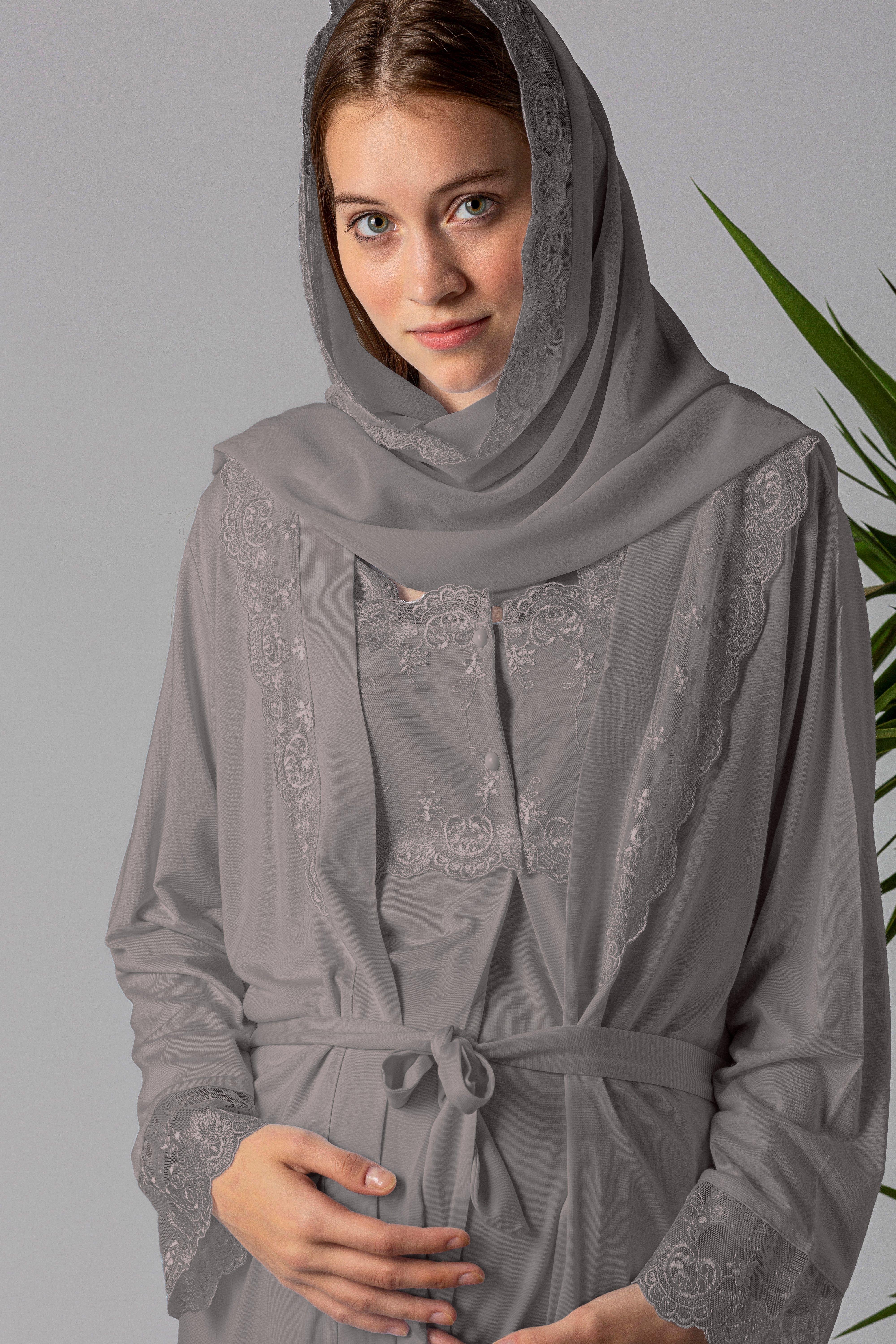 Effortt 22401 Füme Tesettürlü Sabahlıklı Hamile Lohusa Pijama Takımı
