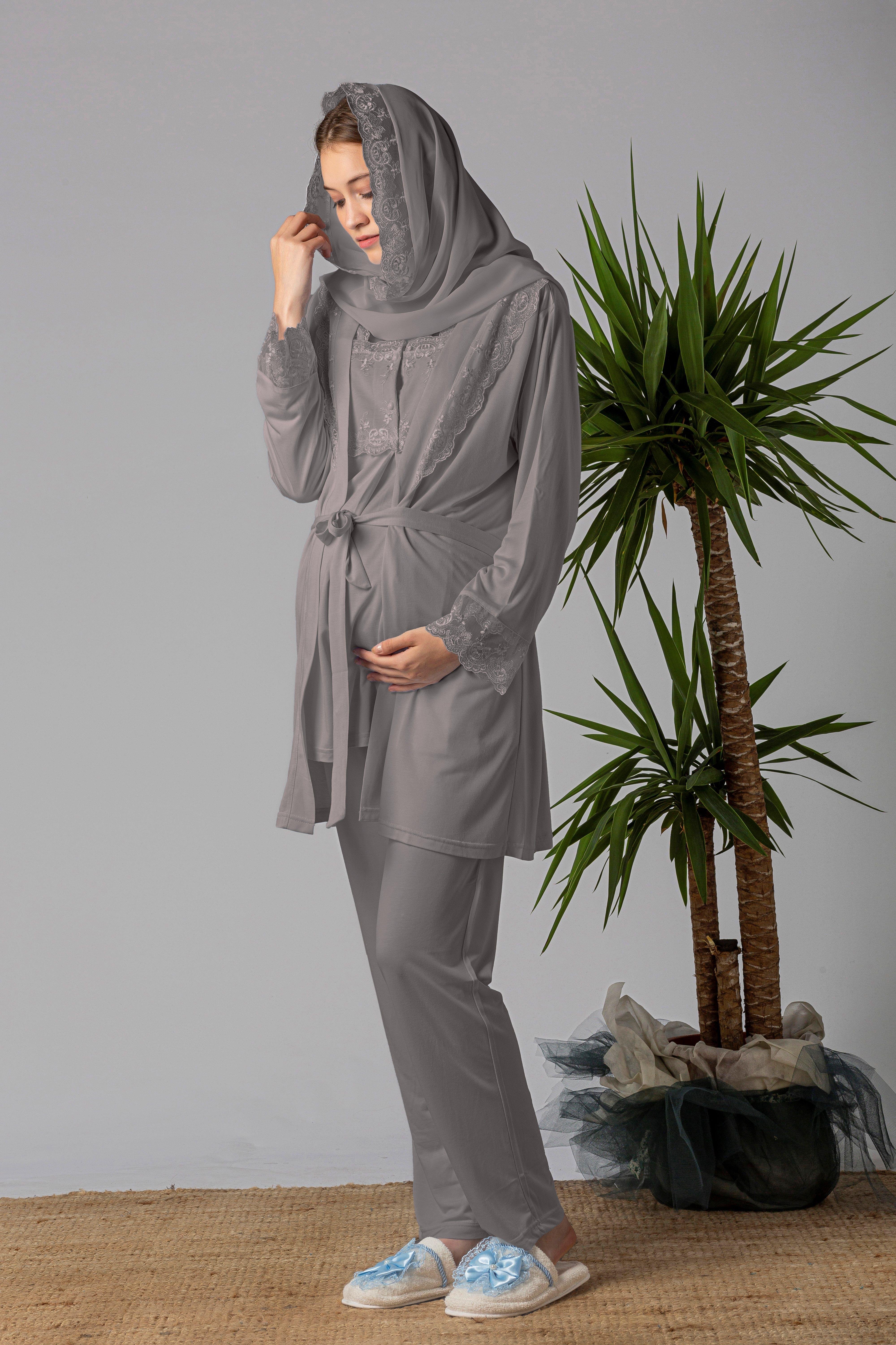 Effortt 22401 Füme Tesettürlü Sabahlıklı Hamile Lohusa Pijama Takımı