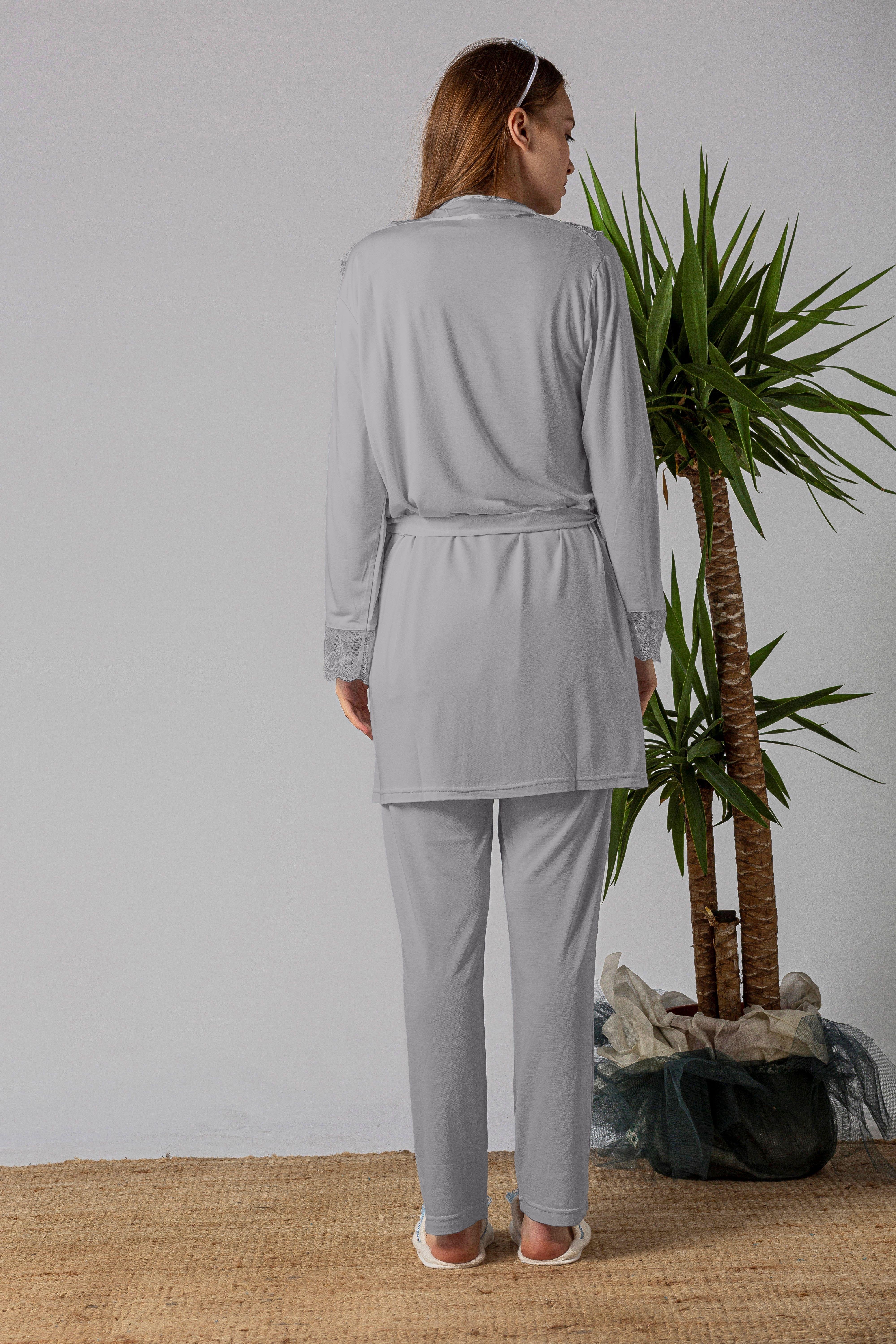 Effortt 22401 Gri Tesettürlü Sabahlıklı Hamile Lohusa Pijama Takımı