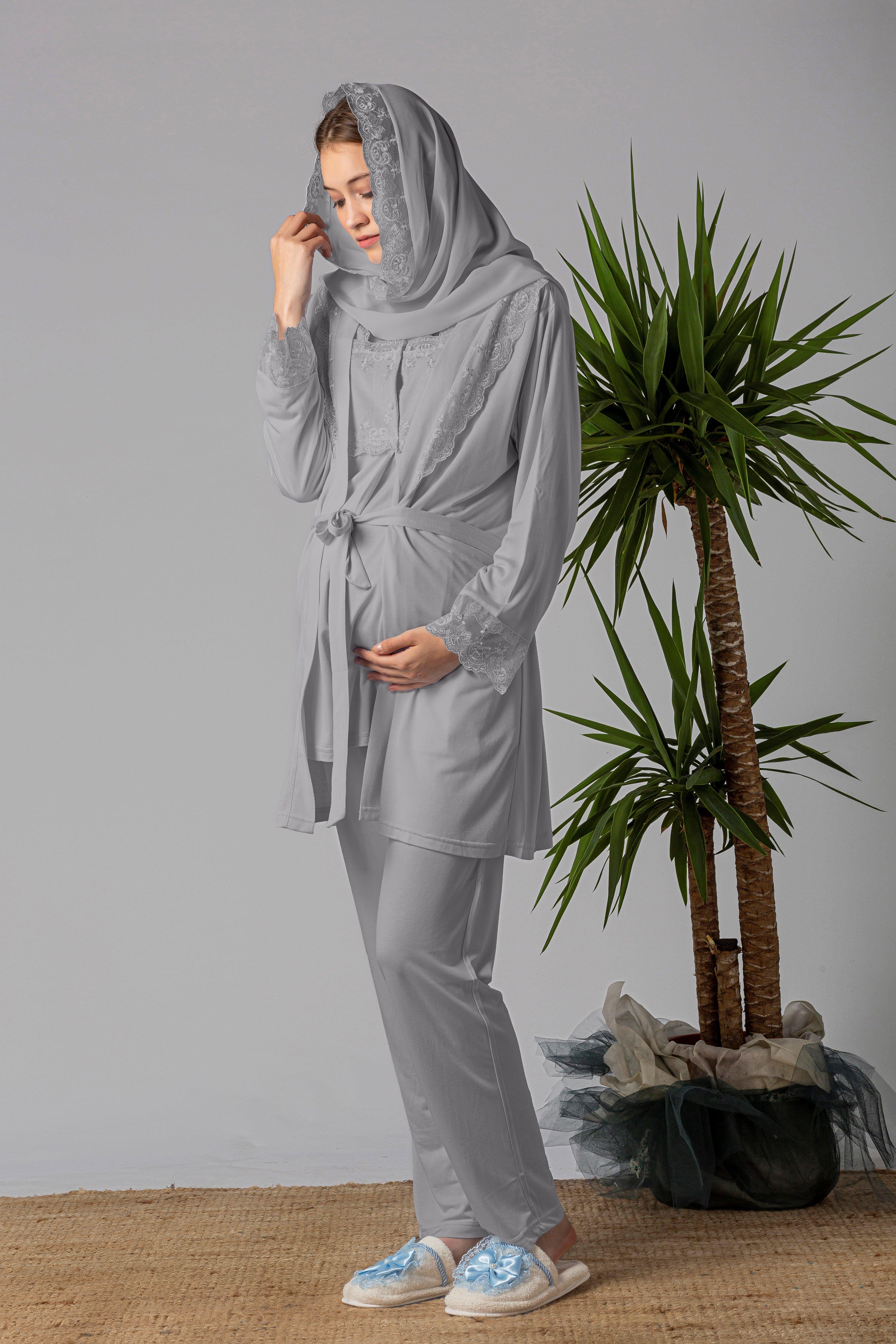 Effortt 22401 Gri Tesettürlü Sabahlıklı Hamile Lohusa Pijama Takımı