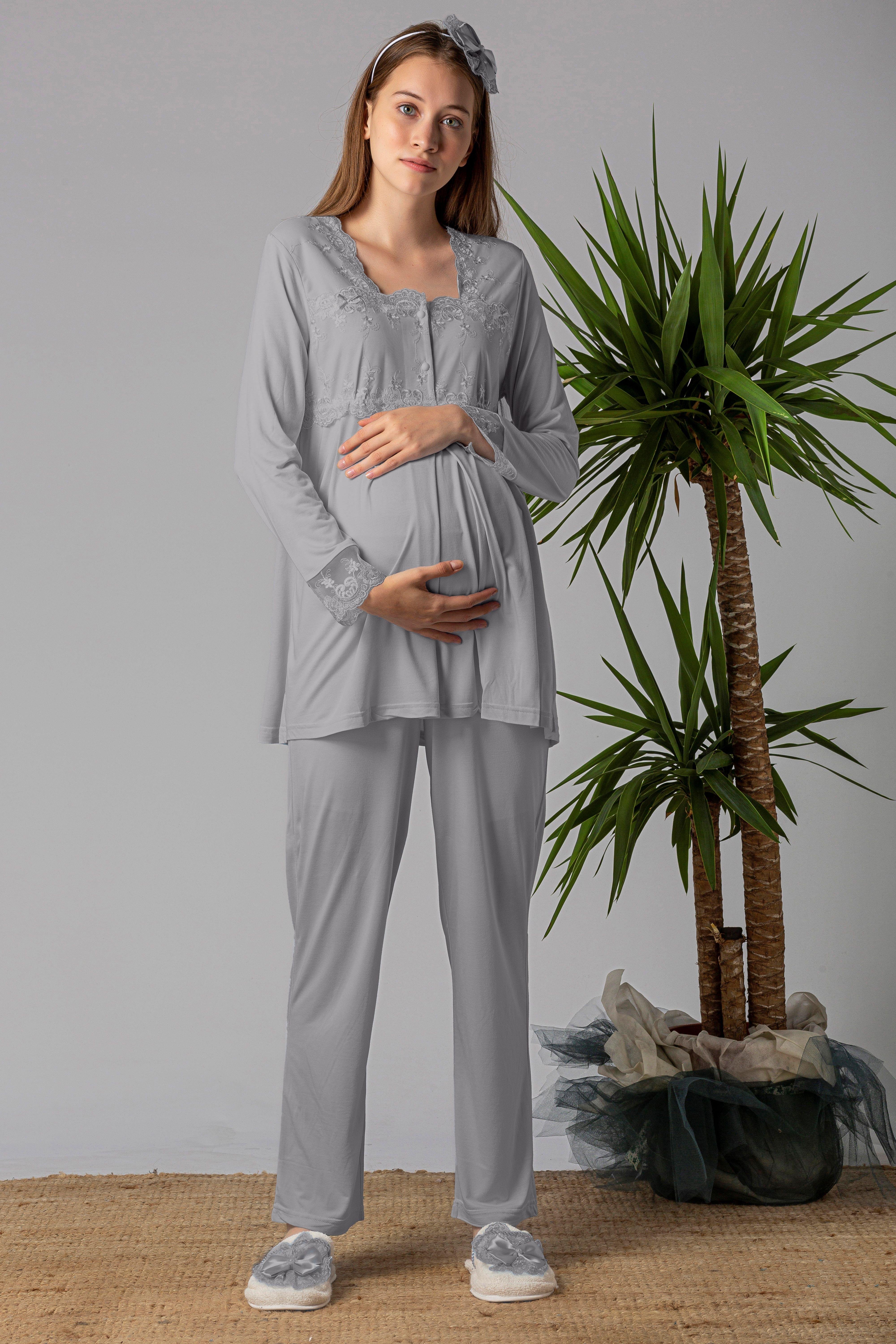 Effortt 22401 Gri Tesettürlü Sabahlıklı Hamile Lohusa Pijama Takımı
