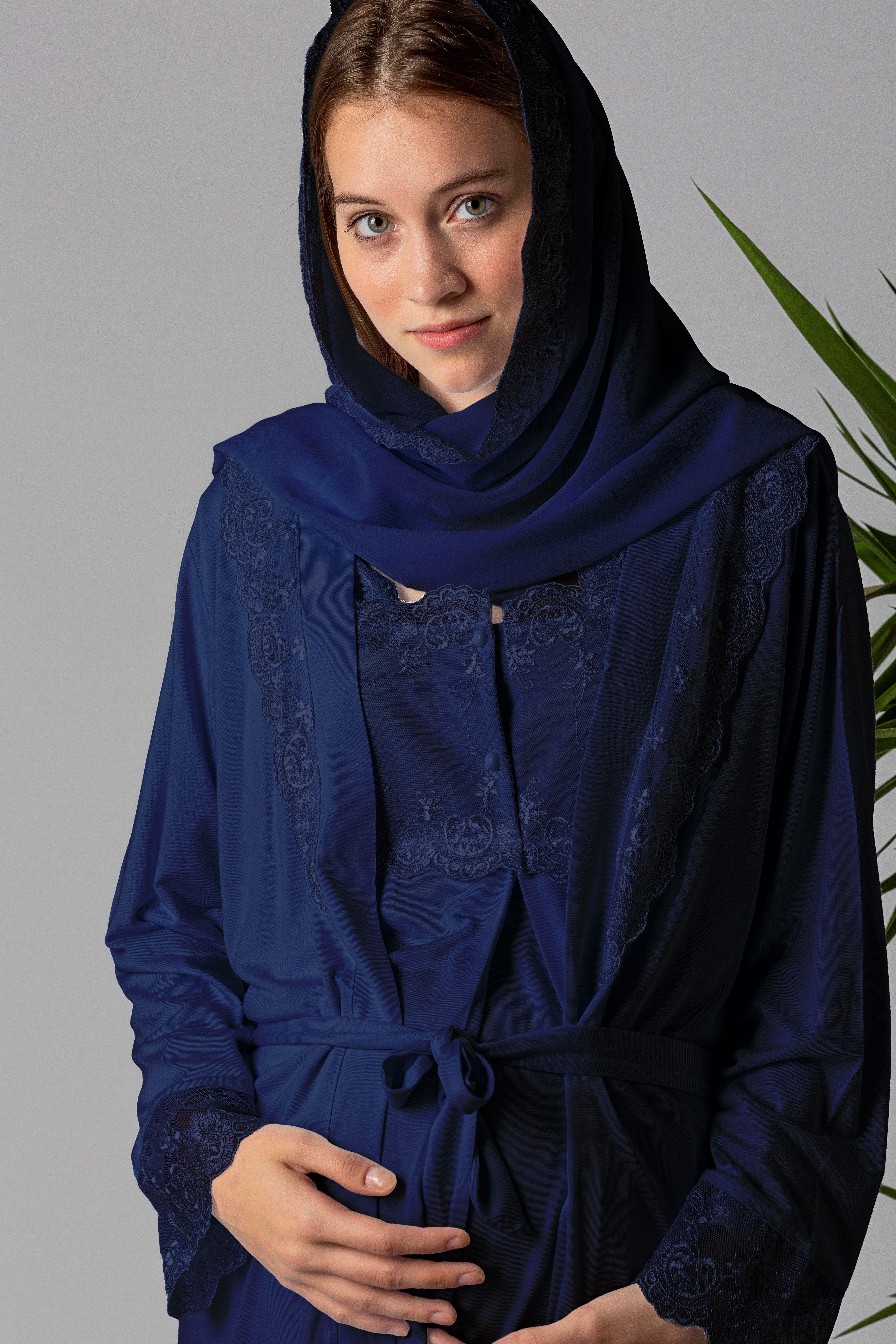 Effortt 22401 Lacivert Tesettürlü Sabahlıklı Hamile Lohusa Pijama Takımı