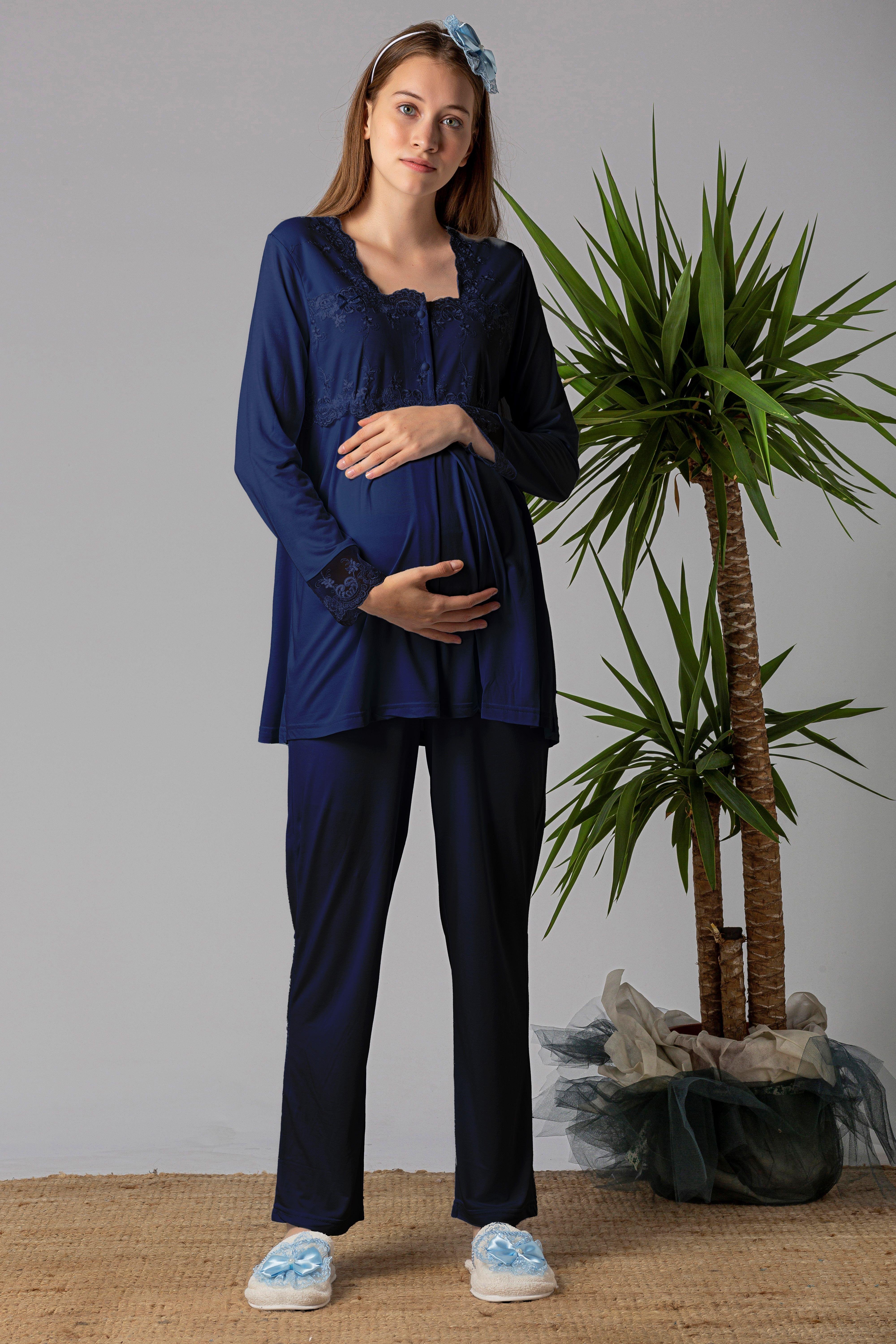Effortt 22401 Lacivert Tesettürlü Sabahlıklı Hamile Lohusa Pijama Takımı