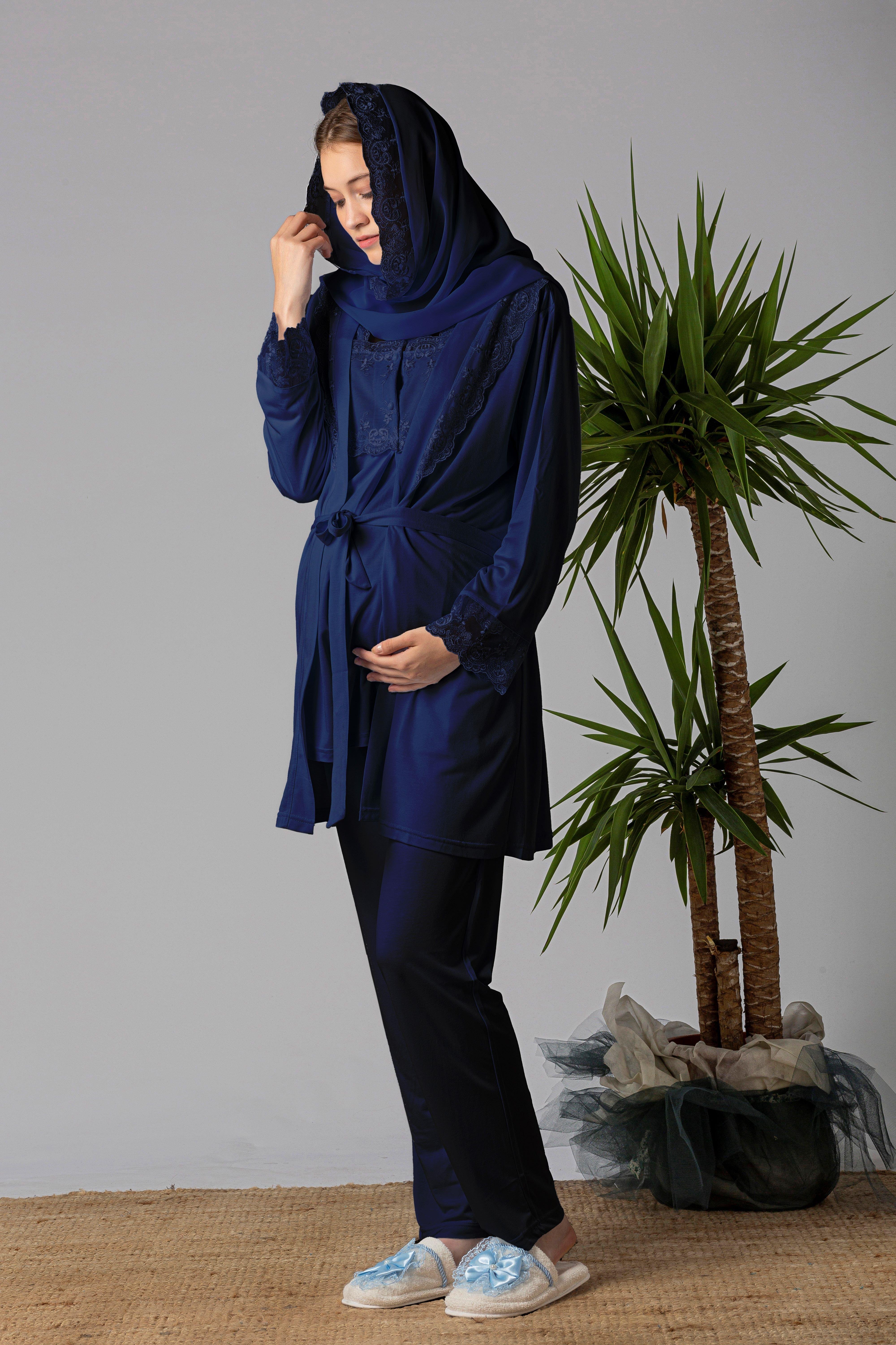 Effortt 22401 Lacivert Tesettürlü Sabahlıklı Hamile Lohusa Pijama Takımı