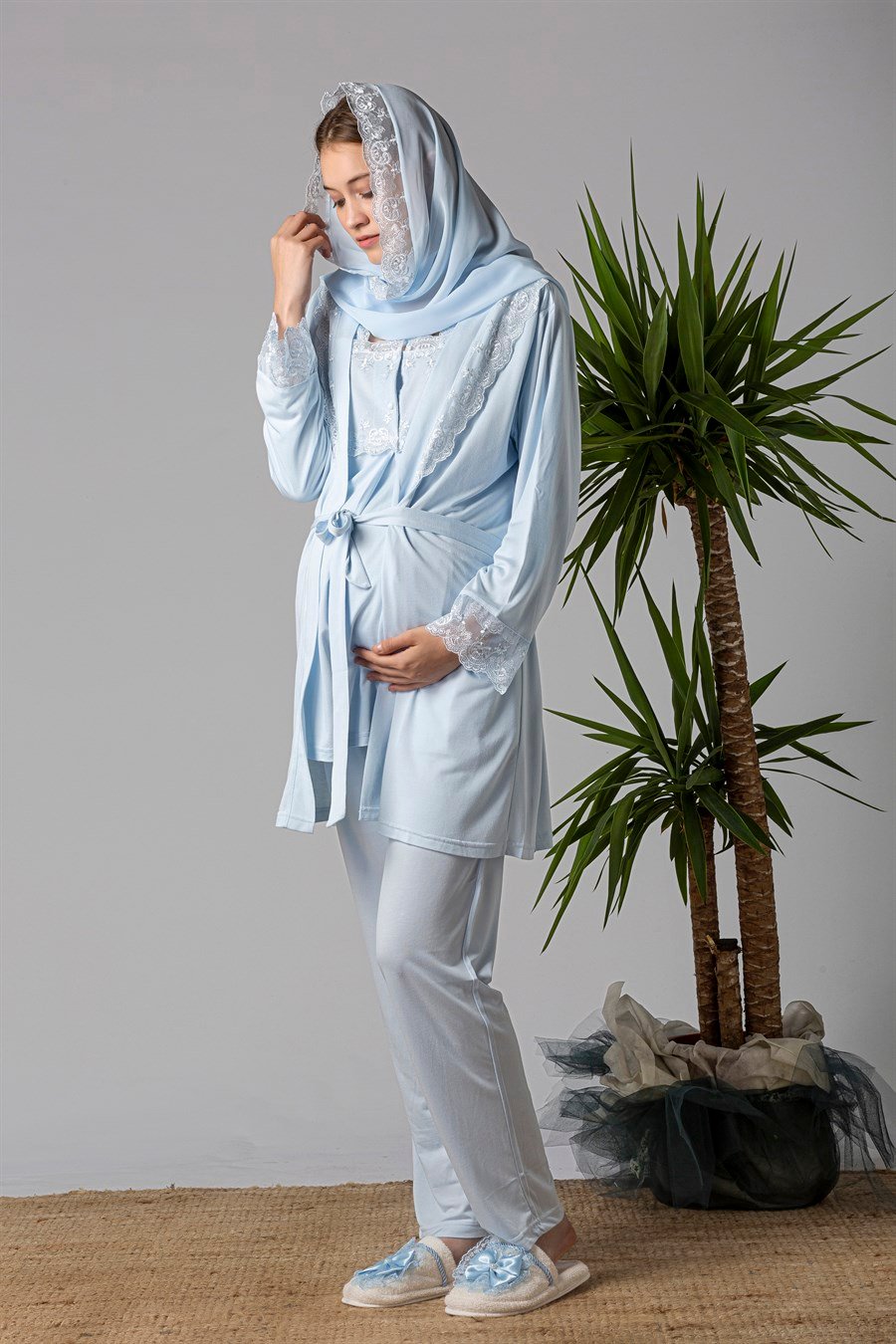 Effortt 22401 Mavi Sabahlıklı Hamile Lohusa Pijama Takımı