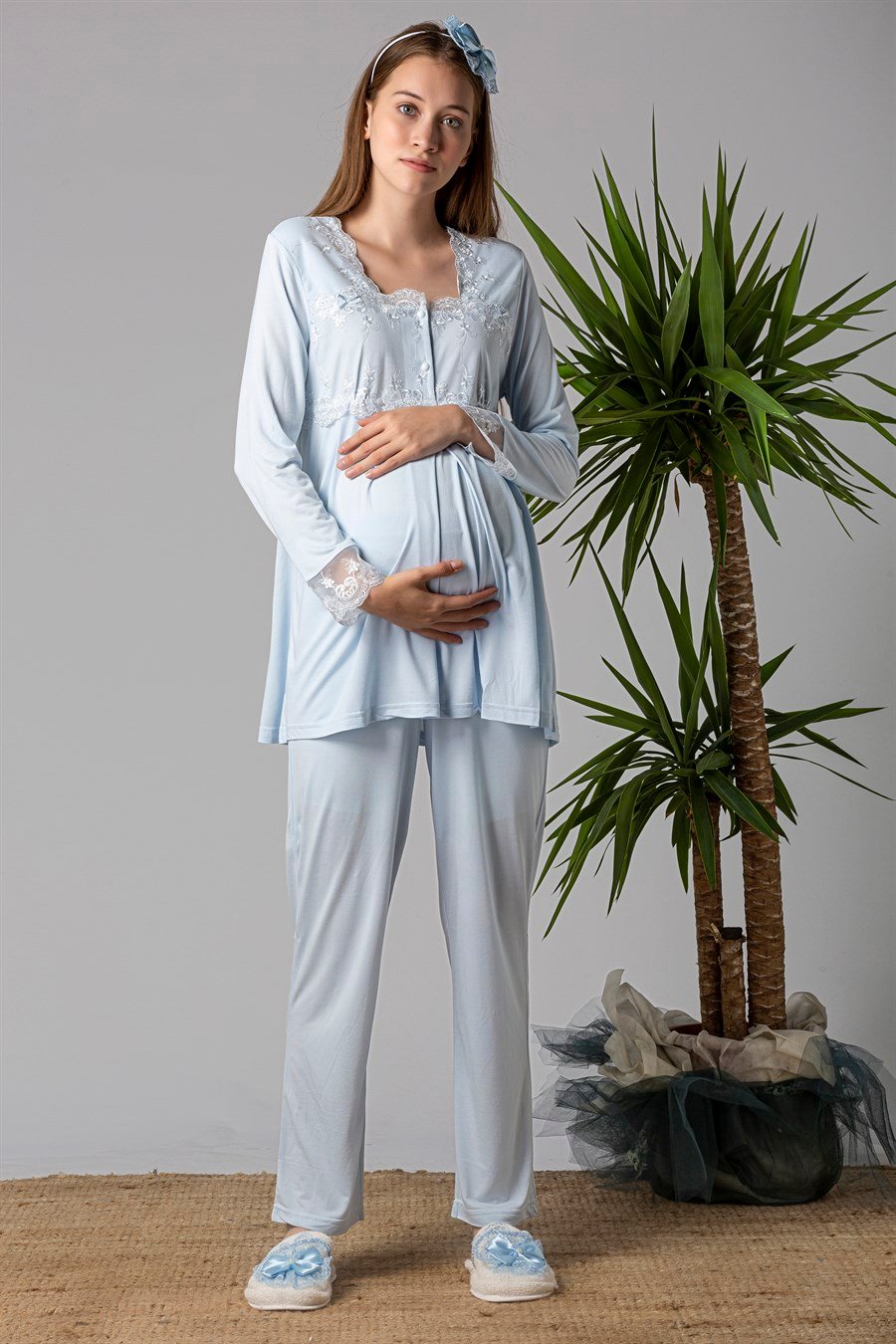 Effortt 22401 Mavi Sabahlıklı Hamile Lohusa Pijama Takımı