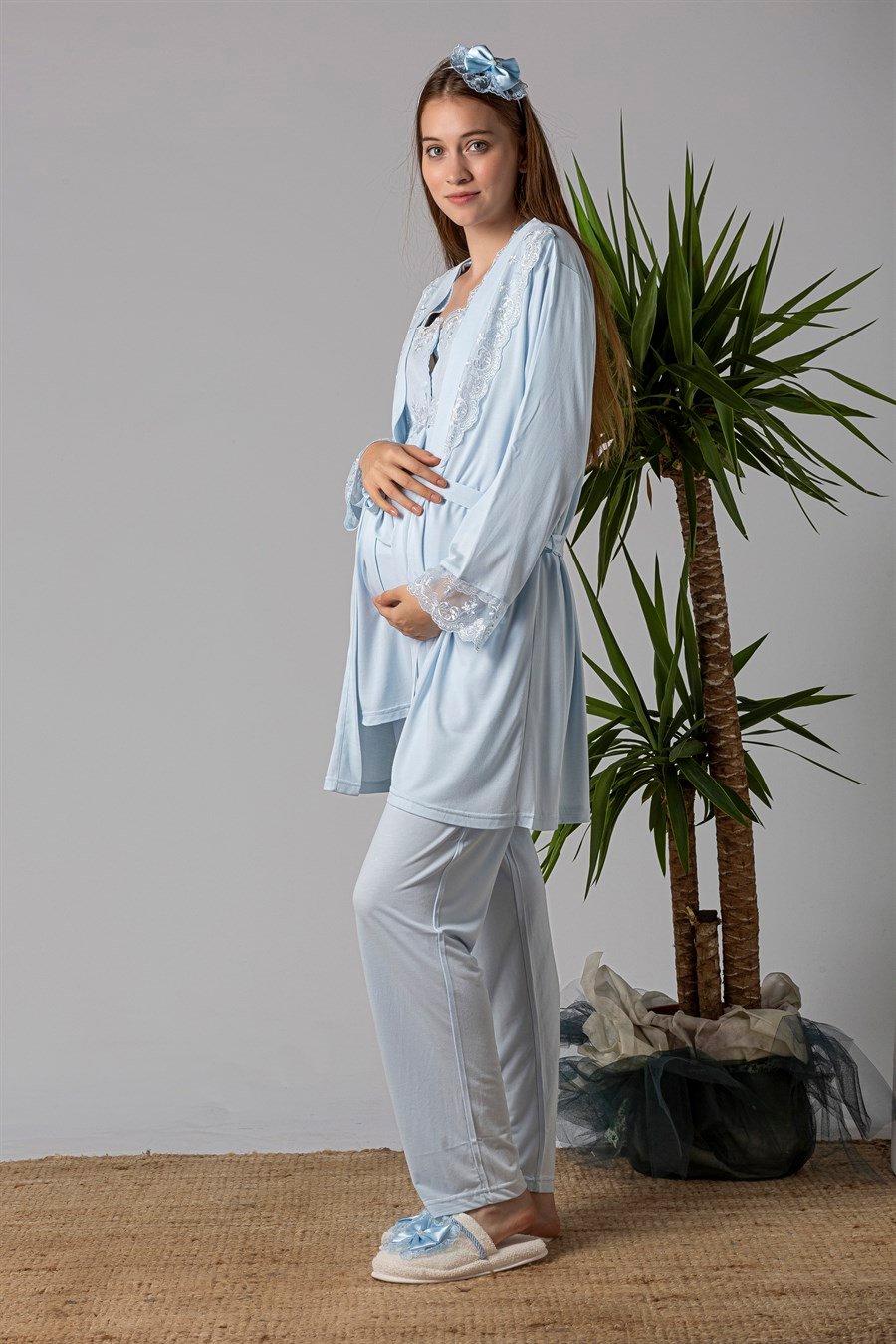 Effortt 22401 Mavi Sabahlıklı Hamile Lohusa Pijama Takımı